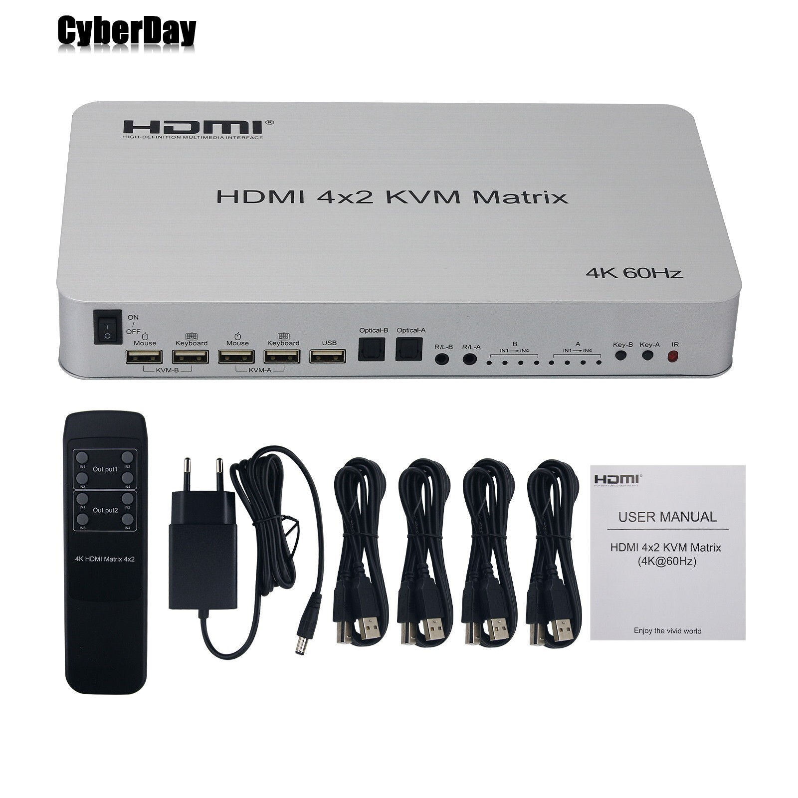 4K 60Hz Matrix Switch HDMI 4x2 KVM Matrix Supports Keyboard Mouse Speakers PC