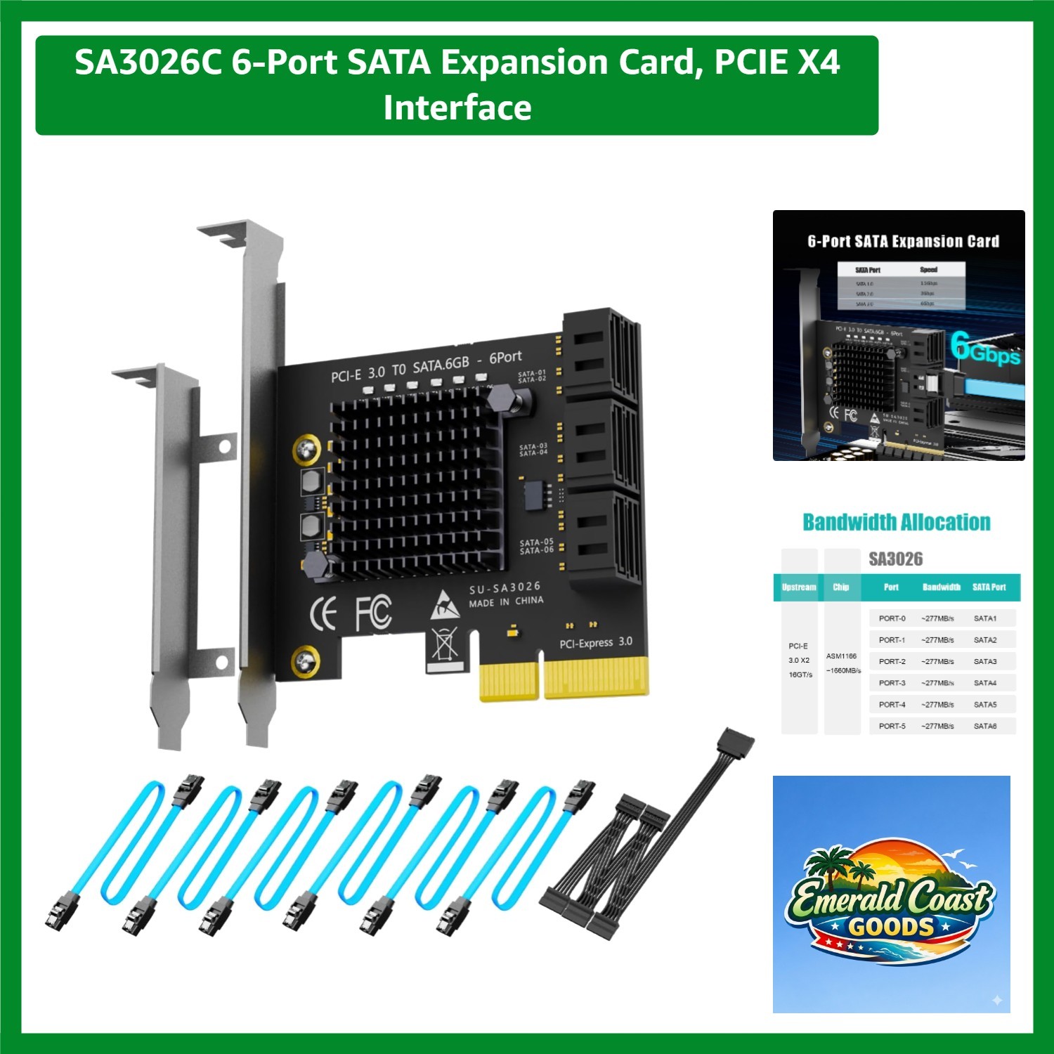 SA3026C 6-Port SATA Expansion Card, PCIE X4 Interface