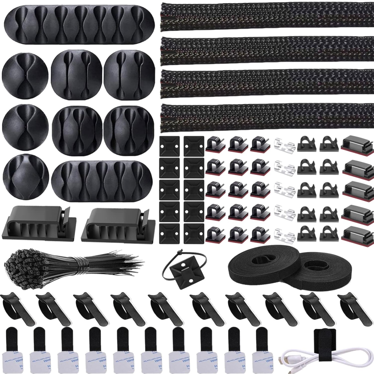 Elegant Black Cable Organizer Kit: 4 Sleeves, 2 Rolls & 100 Ties for Home/Office