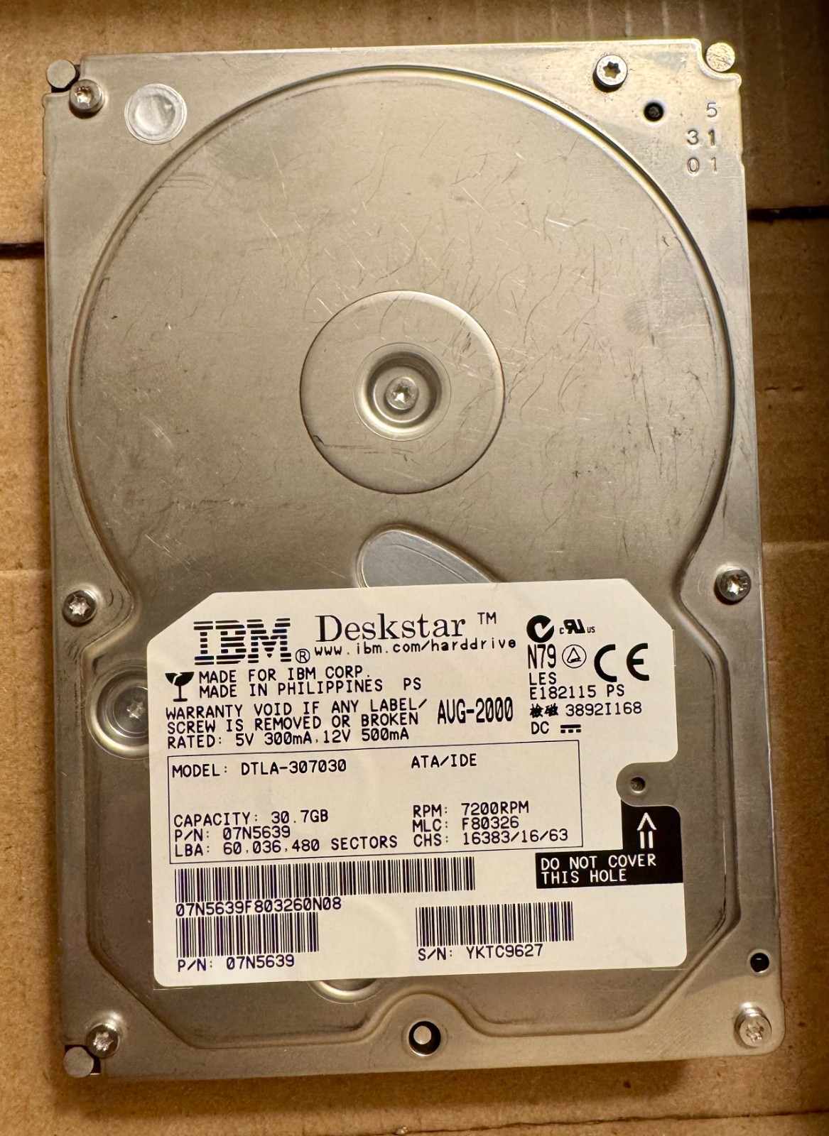 (1) Vintage IBM Deskstar 3.5 30.7GB 7200 Hard Drive - DTLA-307030