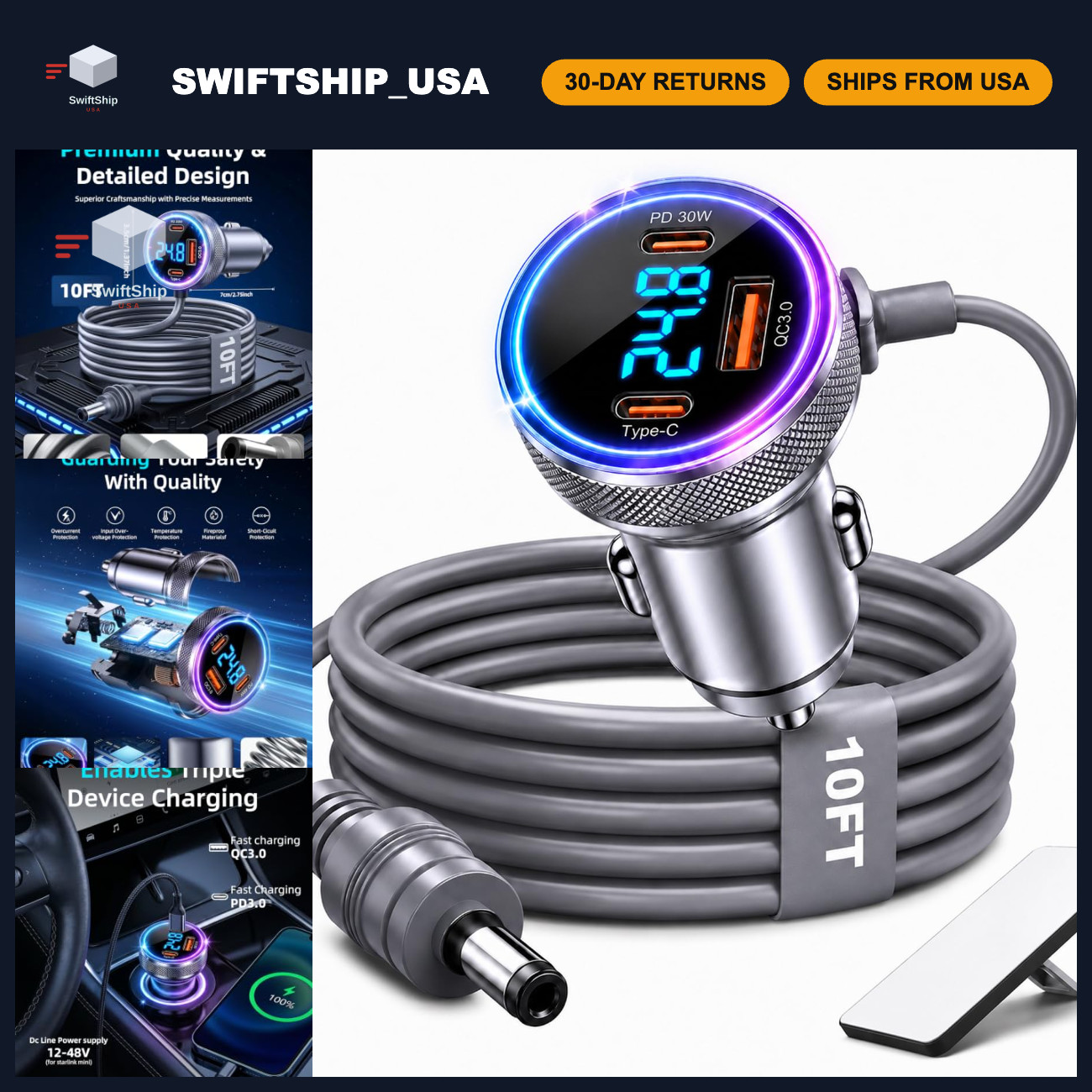 4-in-1 Mini Car Adapter & 10FT Power Cable for Starlink - Travel Ready Accessory