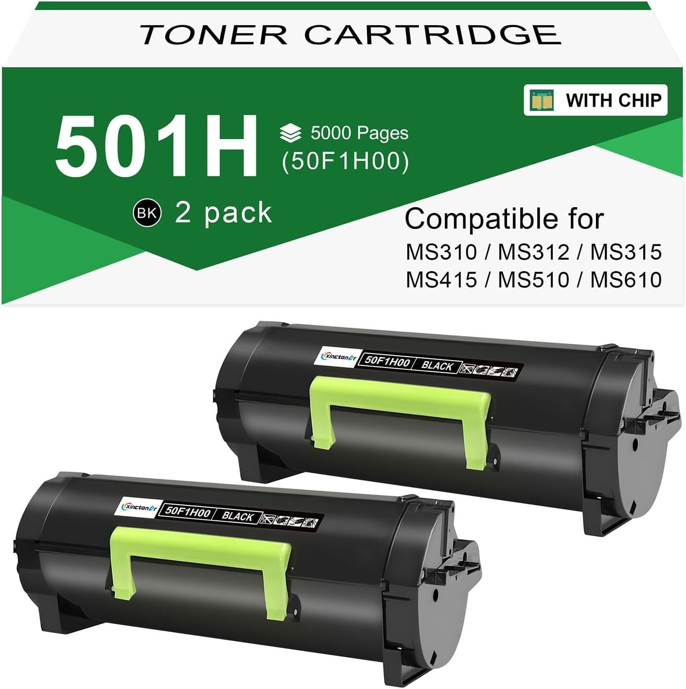 [2-Pack] 50F1H00 501H High Yield Black Toner for Lexmark Printers 5,000 Pages