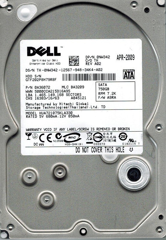 Hitachi HUA721075KLA330 P/N: 0A36072 MLC: BA3209 750GB DELL