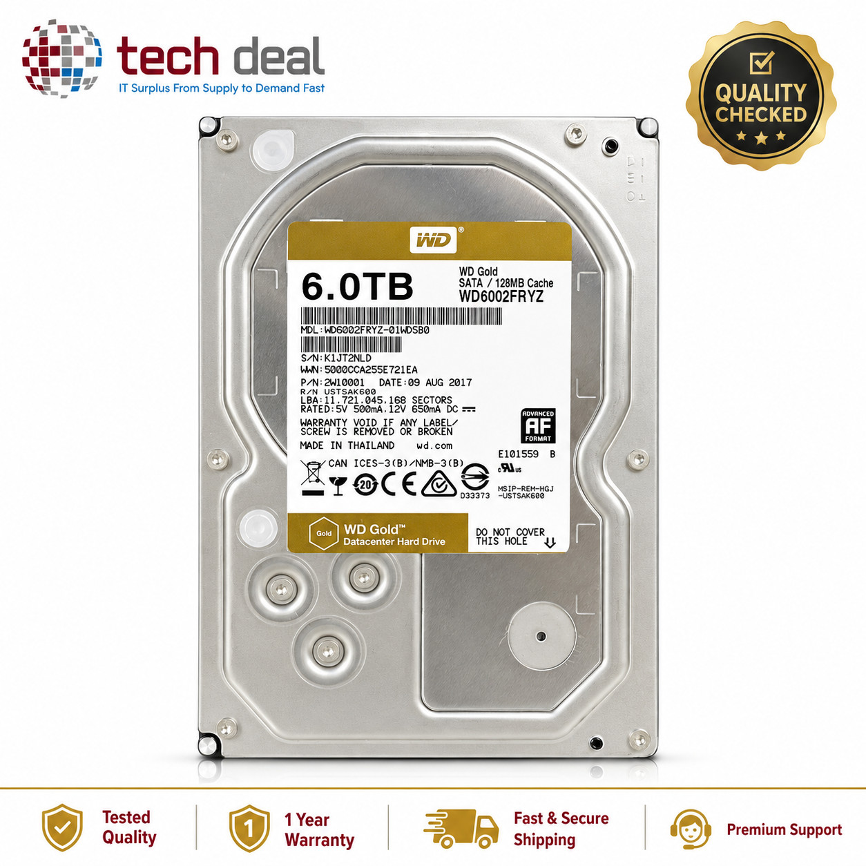 Western Digital WD Gold 6TB 7200RPM SATA 3.5" HDD 128MB WD6002FRYZ