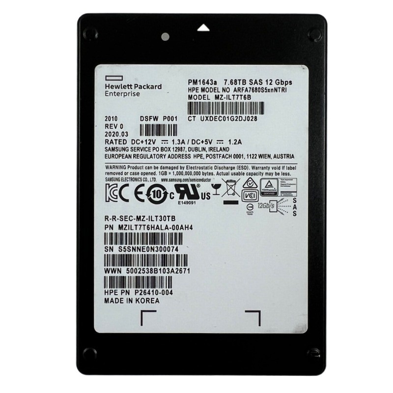 HPE Samsung PM1643a 7.68TB SAS 12Gs 2.5" Enterprise SSD MZILT7T6HALA P26410-004