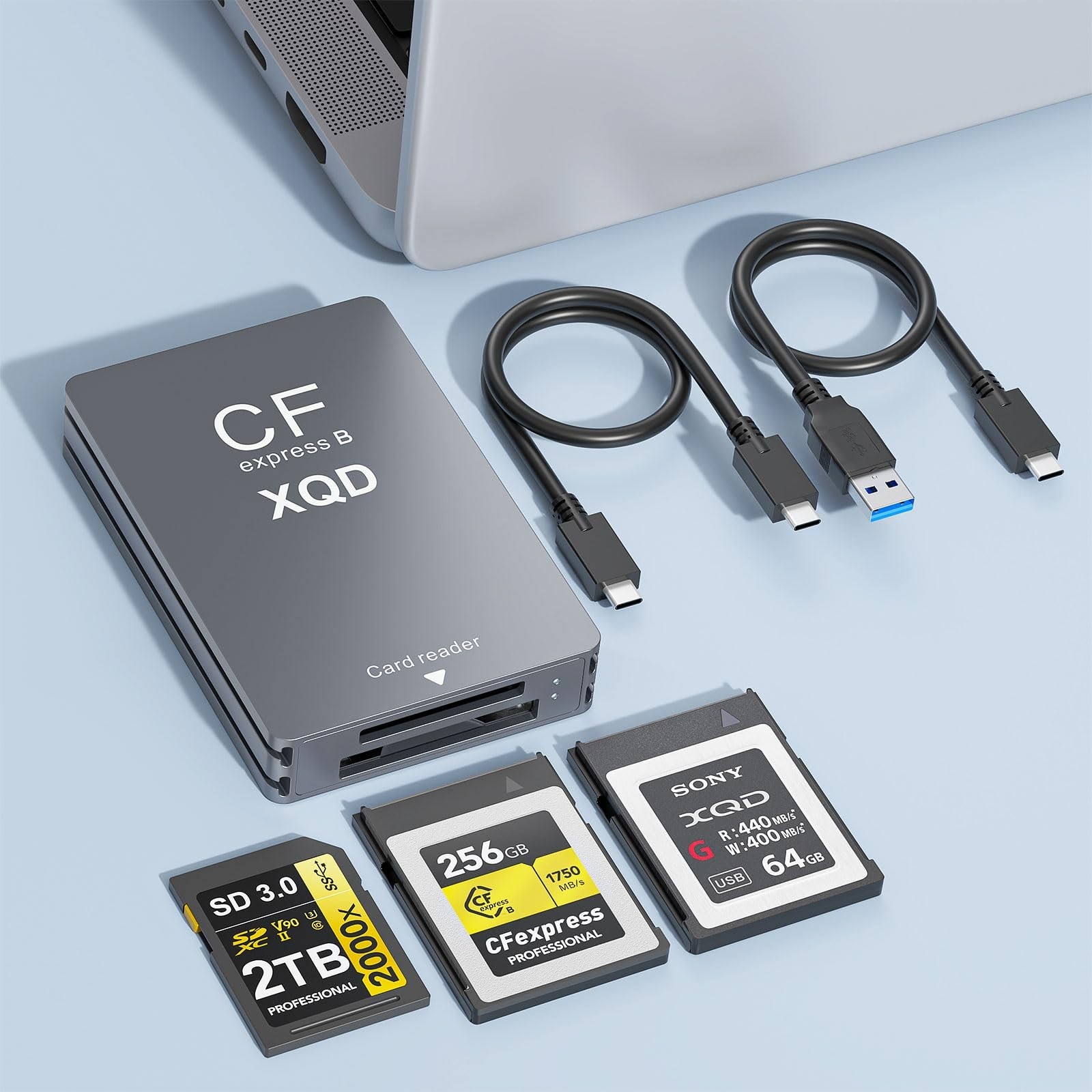CFexpress Type B/XQD/SD Card Reader, USB 3.2 Gen 2, Dual Slot, USB-C Cable, Fast