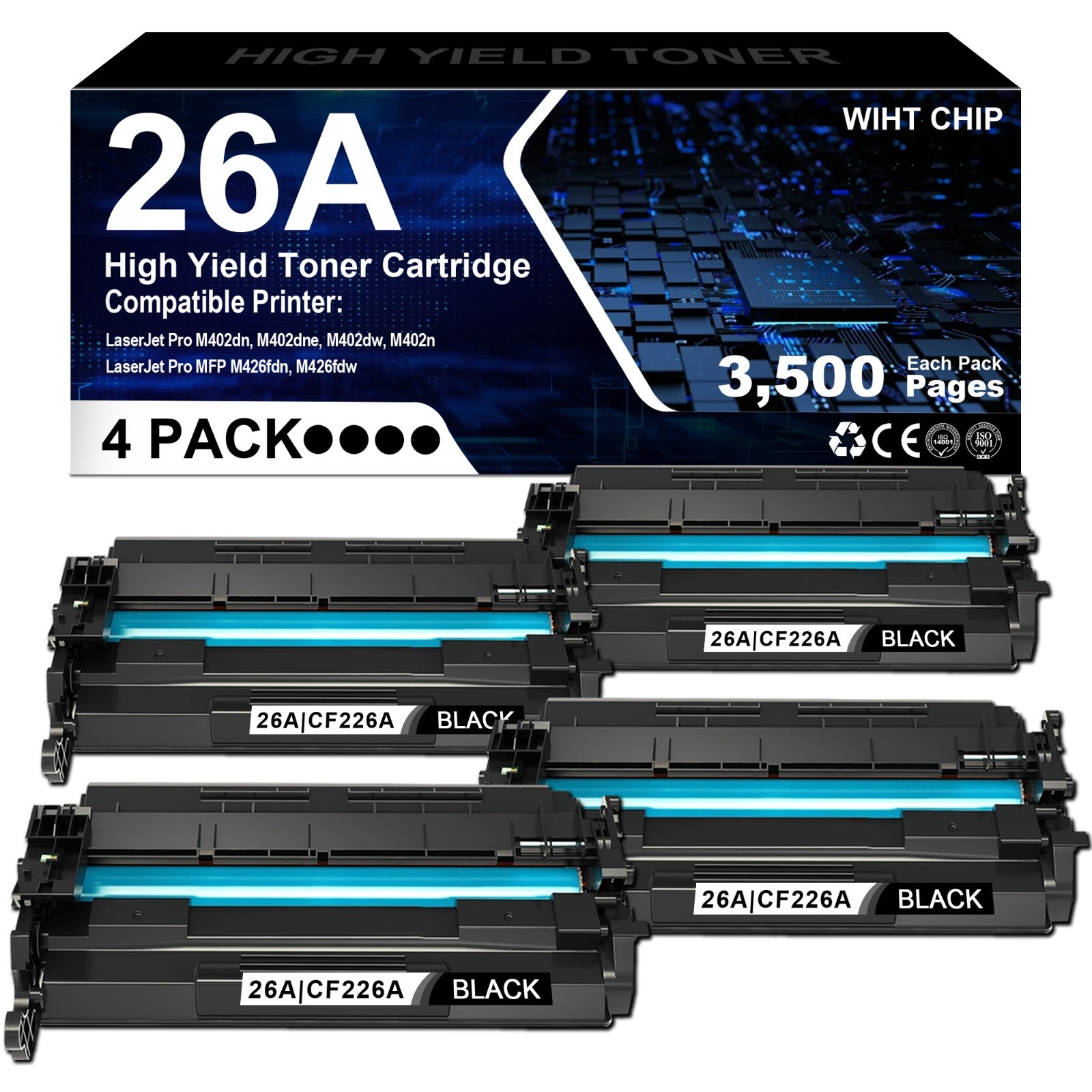 4-Pack  26A CF226A Toner with Chip for HP 26A M426fdw M402n M402dne M402dw