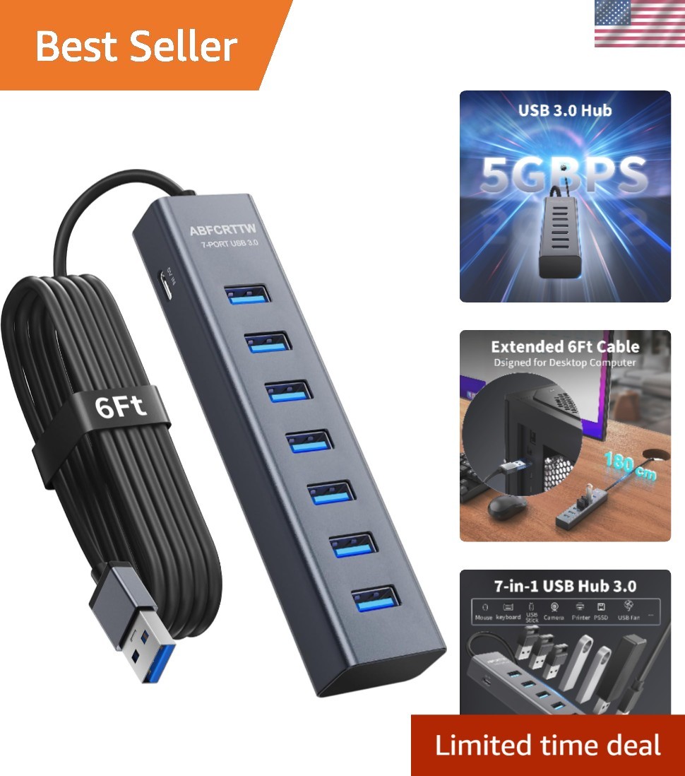 Portable 7-Port USB 3.0 Aluminum Hub – Effortless Plug and Play for All Systems