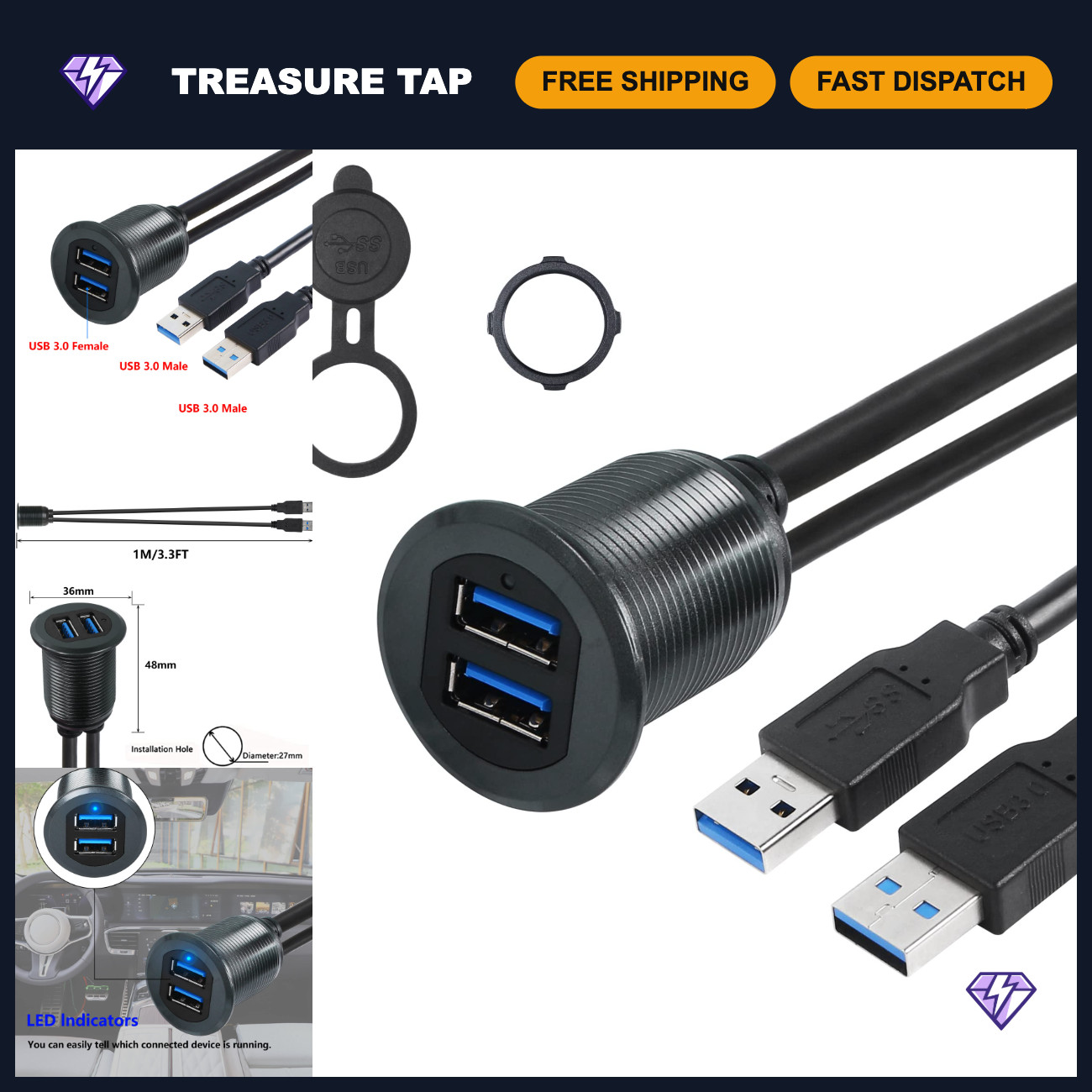 3.3FT USB 3.0 Mount Cable - Metal Shell Dual Ports A Male to Female AUX Extensio