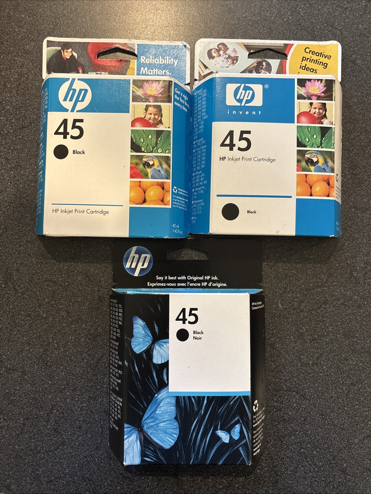 Sealed Lot of 3 Genuine HP 45 Black Ink Cartridges - EXP 9/10, 6/12, 4/06