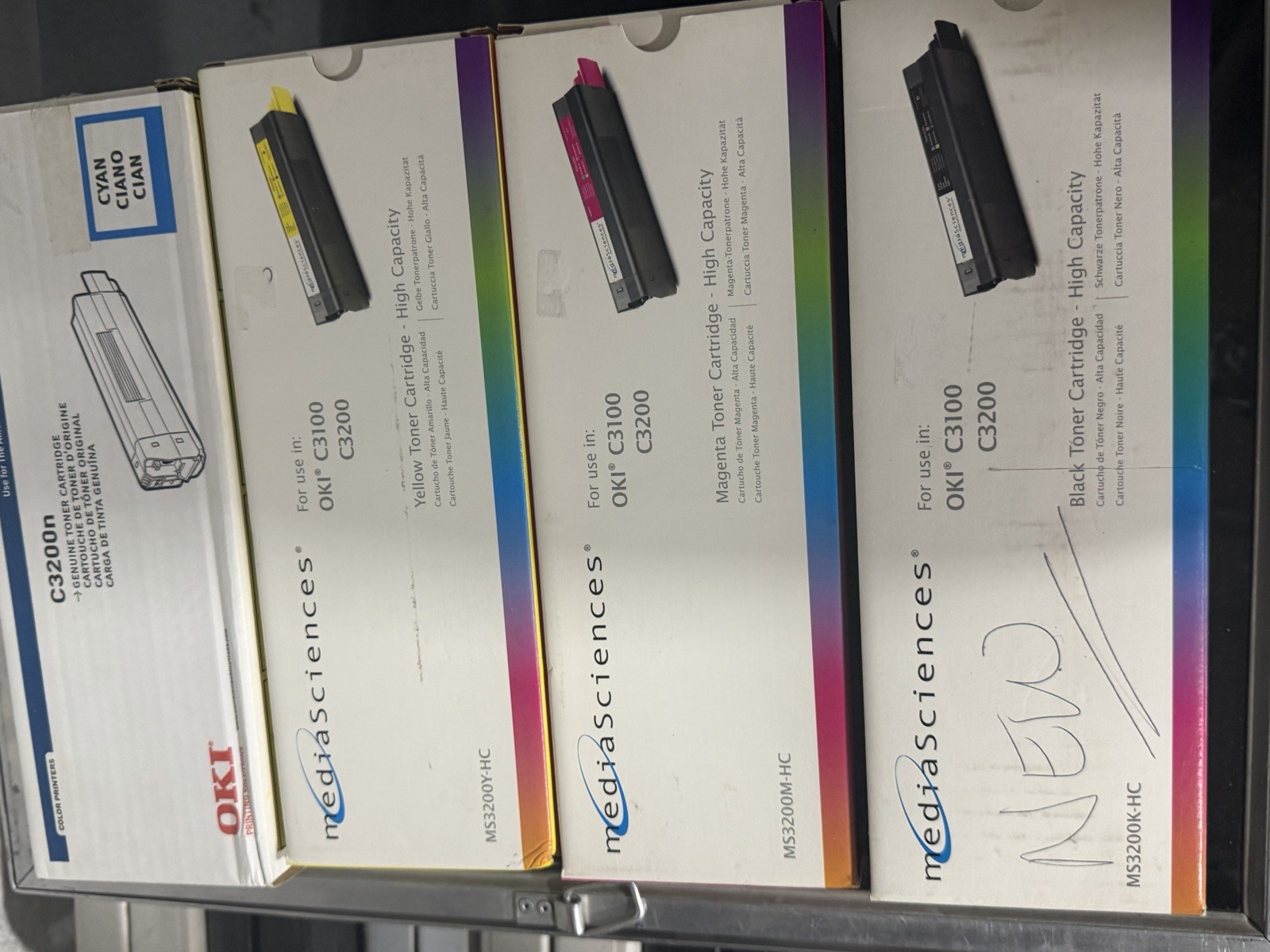 Lot Of Four New  Media Sciences Ink Cartridges OKI C3100 C3200 Yllw Cyan Mag Blk