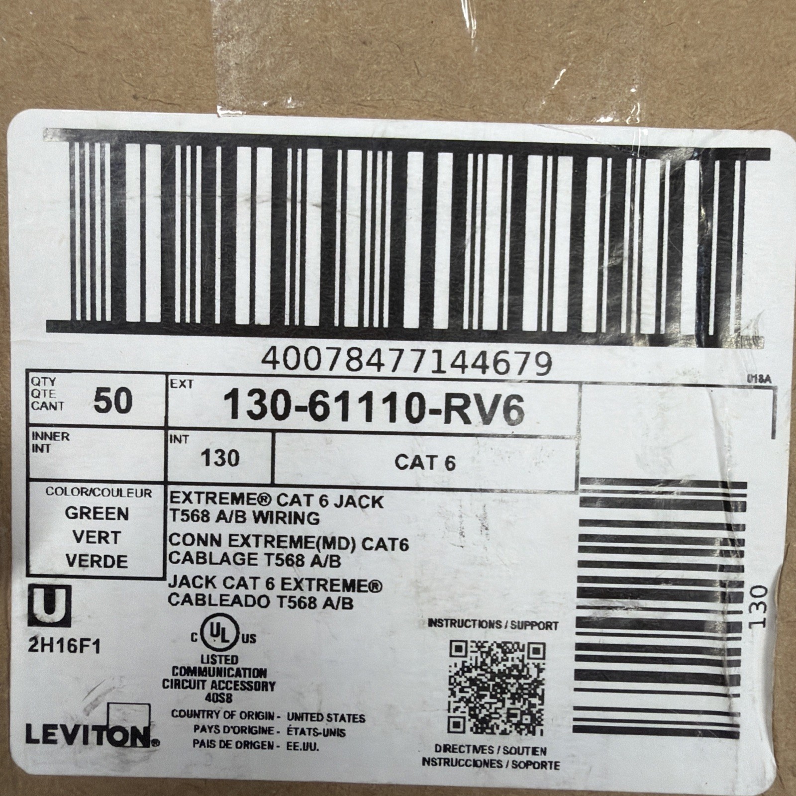 Box of 50 NEW Sealed Leviton 61110-RV6, eXtreme Cat 6 QuickPort Connector, Green
