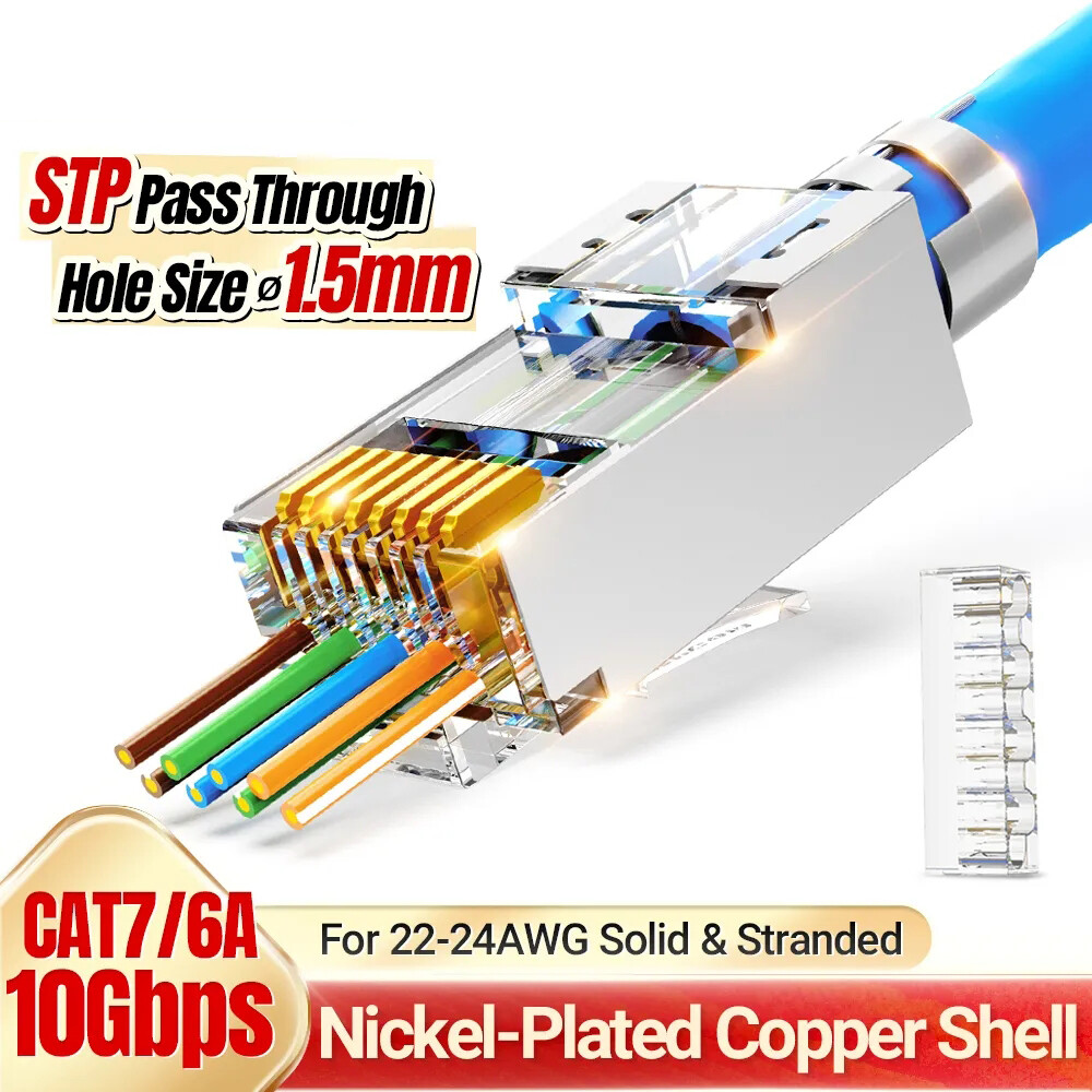 Shielded RJ45 Cat7 Pass Through connectors 2Piece Pass Through Modular Data Plug