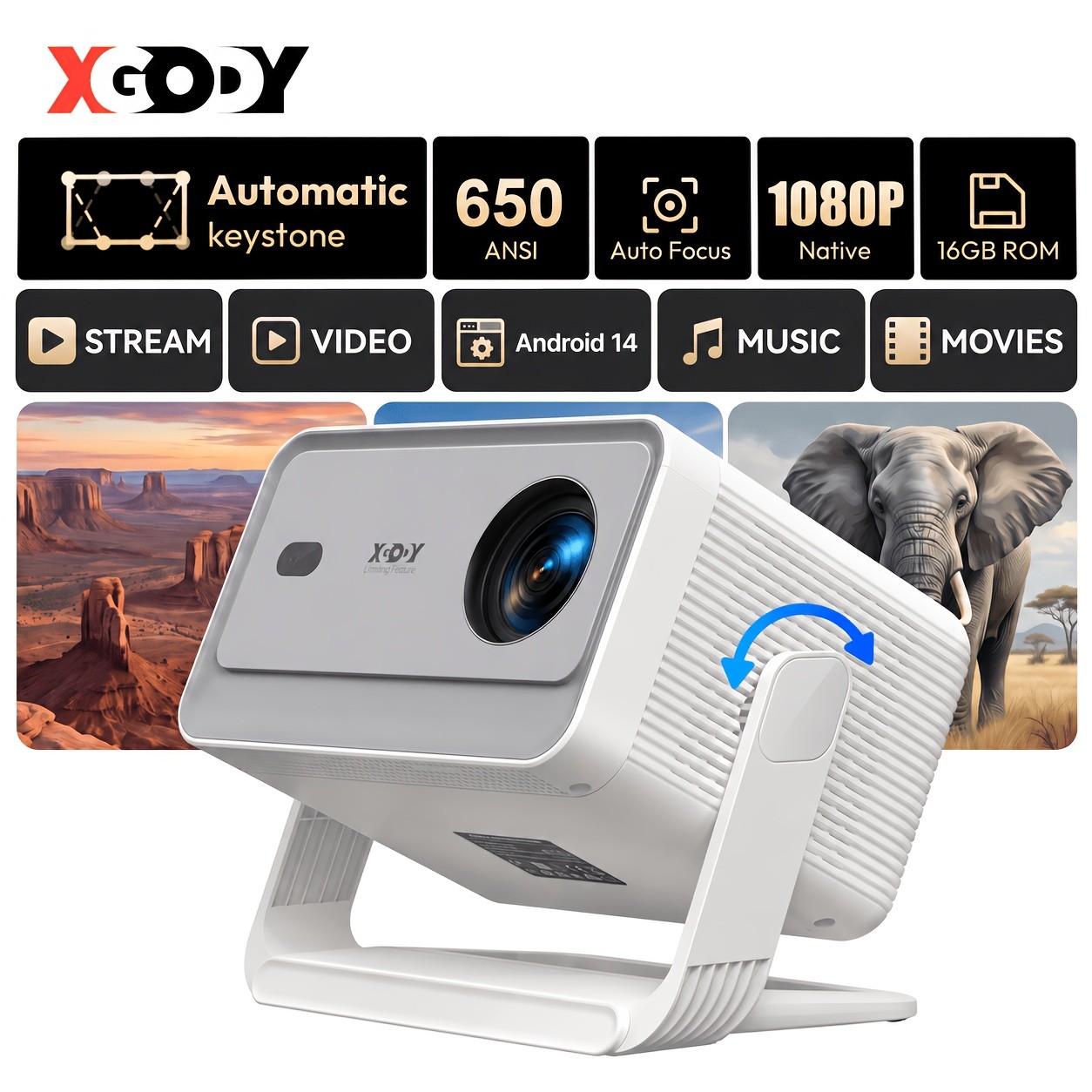 XGODY 2026 Upgraded Gimbal A6 PRO Projector 650ANSI lumens with WiFi 6