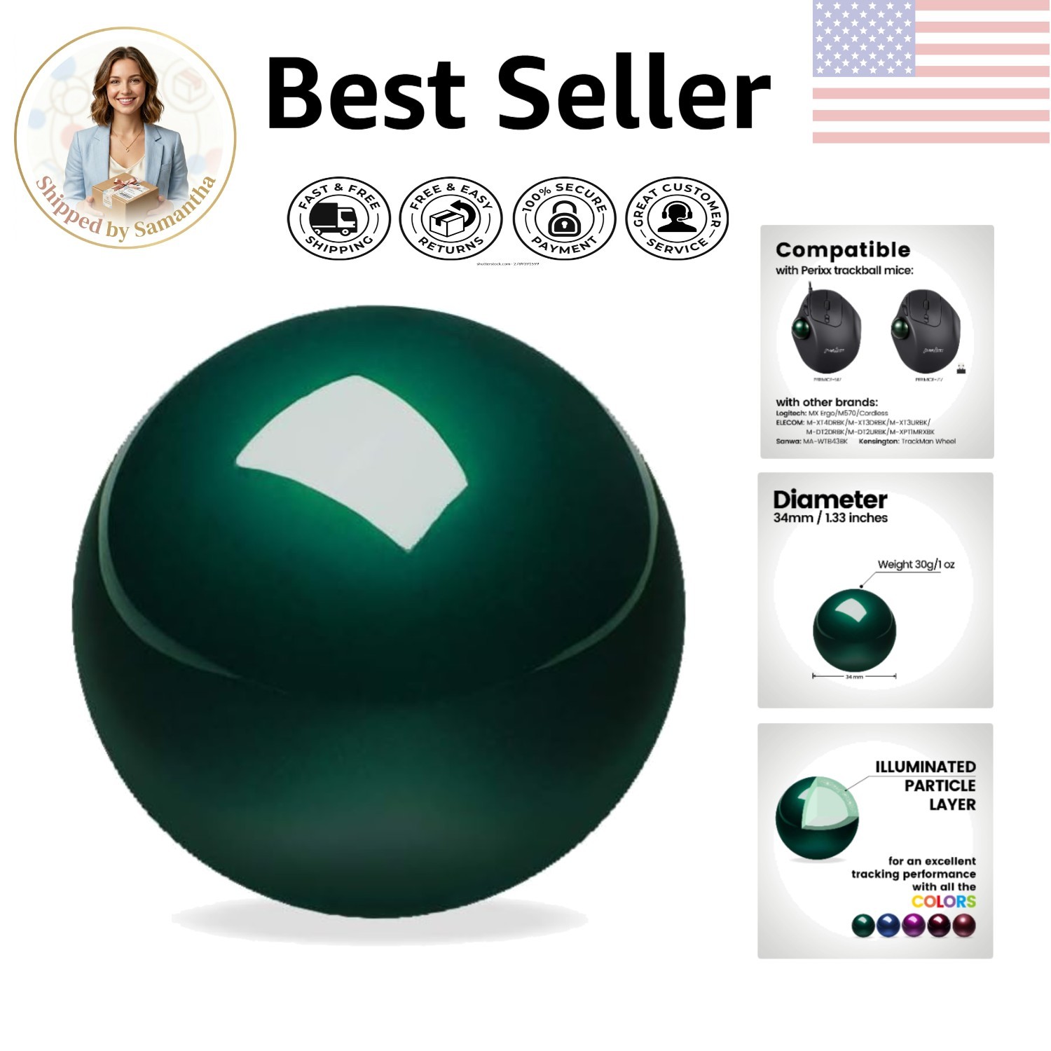 Ambidextrous Peripro-303GLG Trackball - Portable Wireless 1.34 Inch Replacement