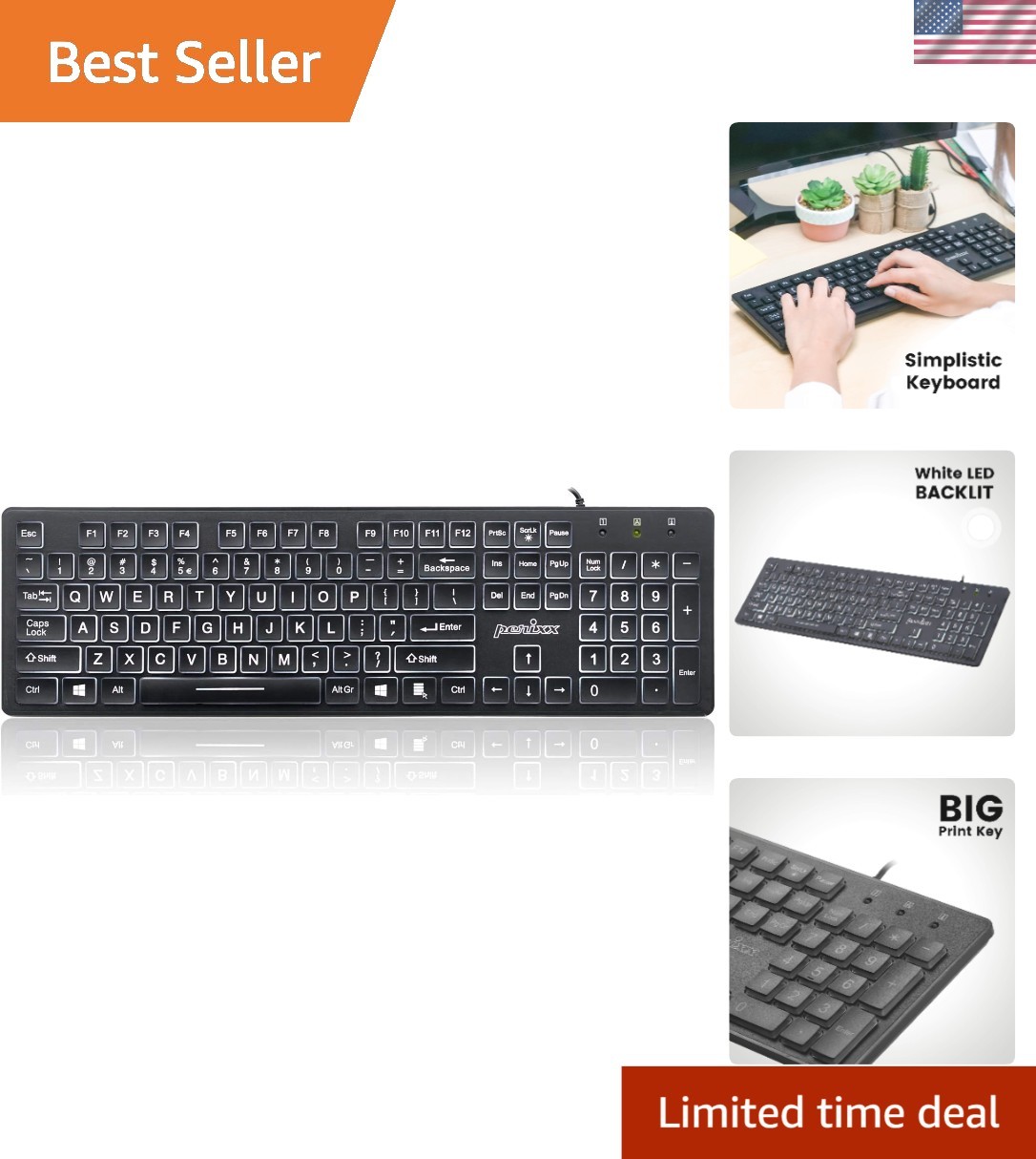 Comfortable Wired Keyboard with Adjustable LED Backlight and Large Fonts - USB