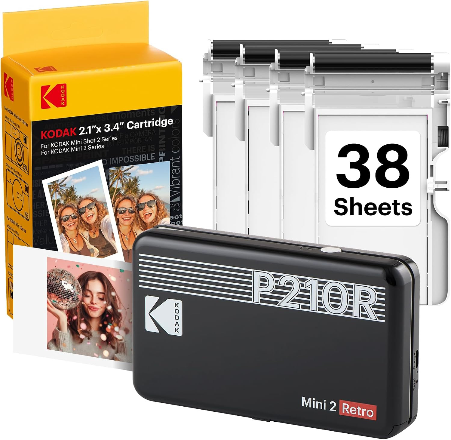 KODAK Mini 2 Retro 2X3 Portable Photo Printer, 4PASS, 38 Sheets, Black |