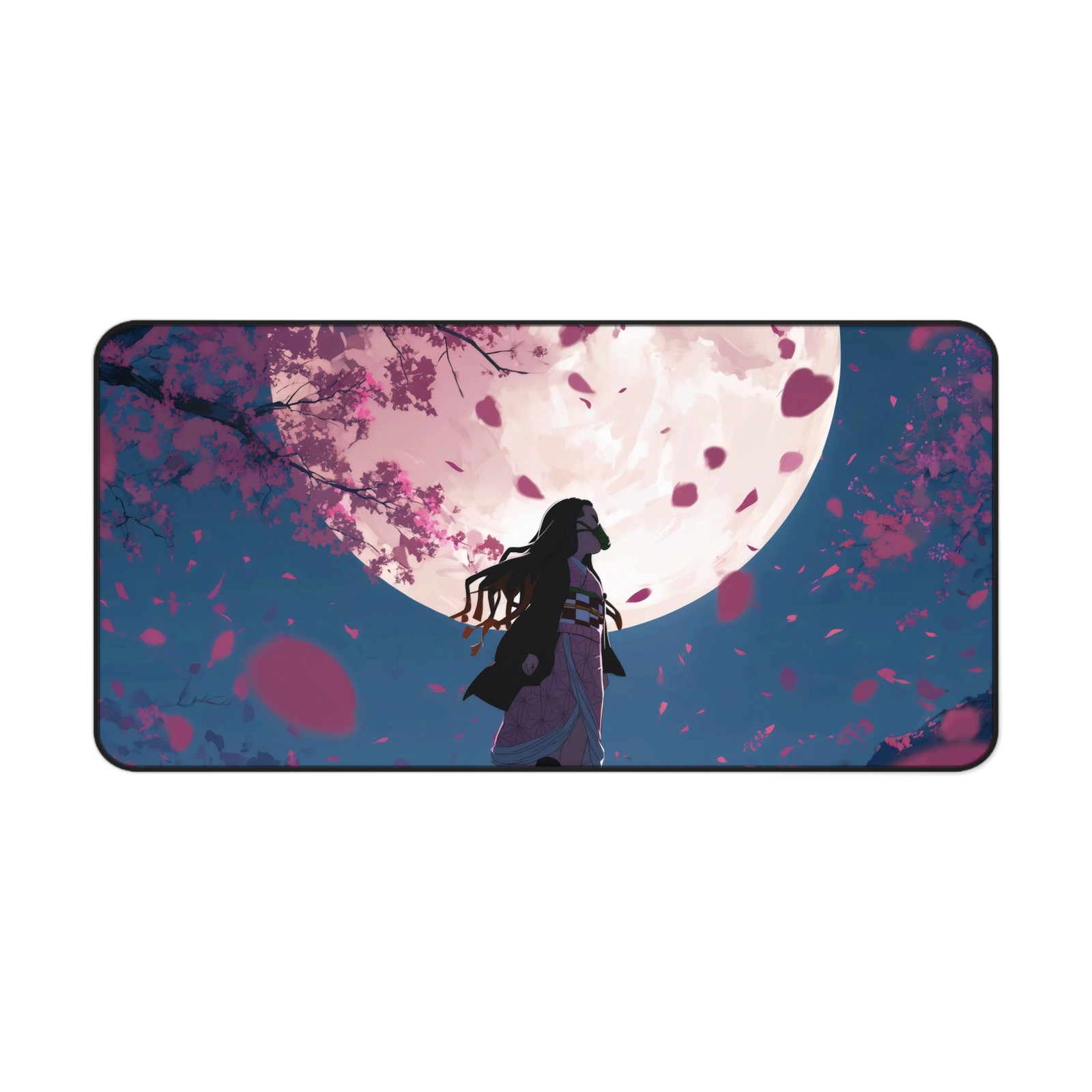 Silhouette Warrior Moon Sakura Desk Mat | Cherry Blossom Night Mousepad