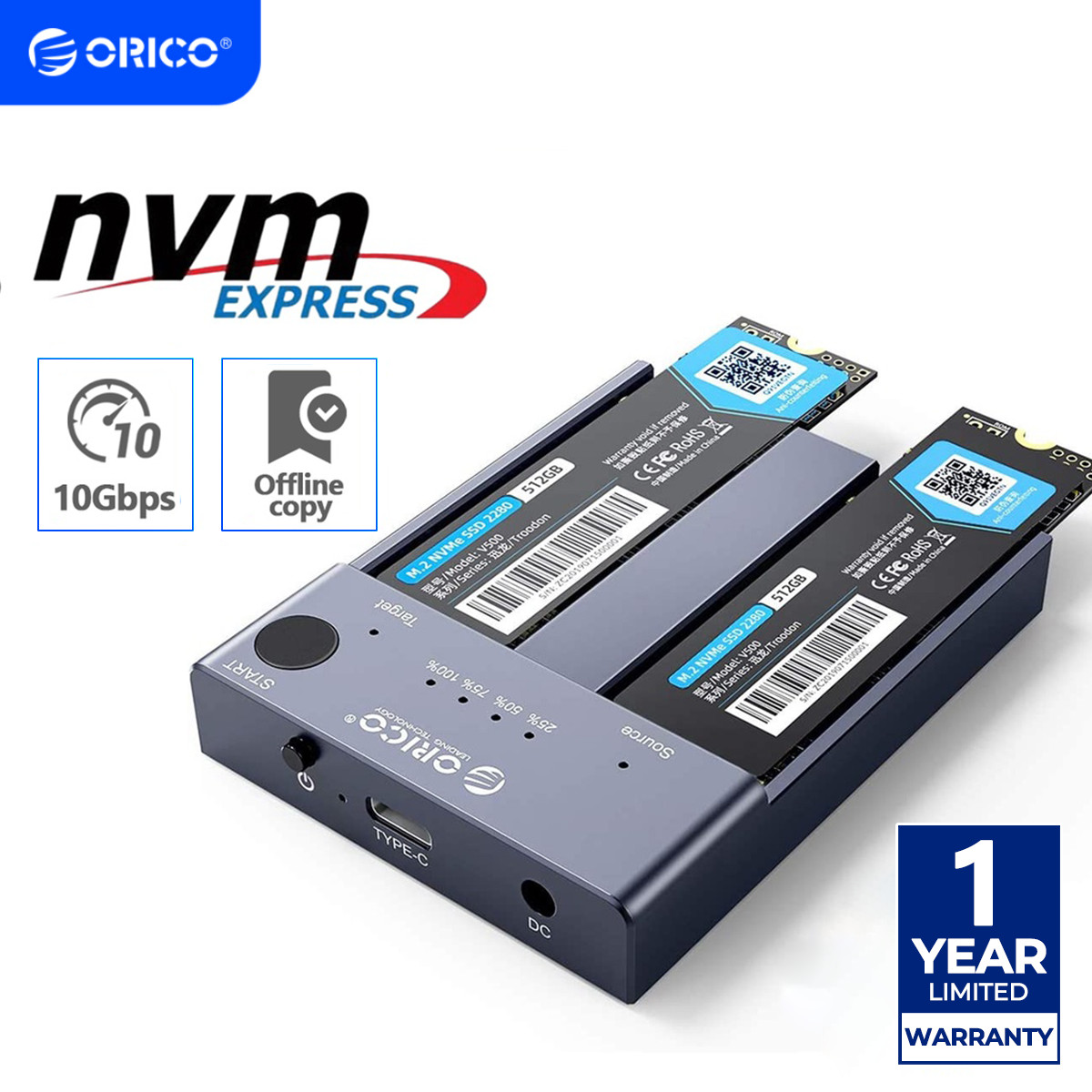 ORICO M.2 NVMe Cloner 2 Bay NVMe Dock Station USB C SSD Duplicator Offline Clon