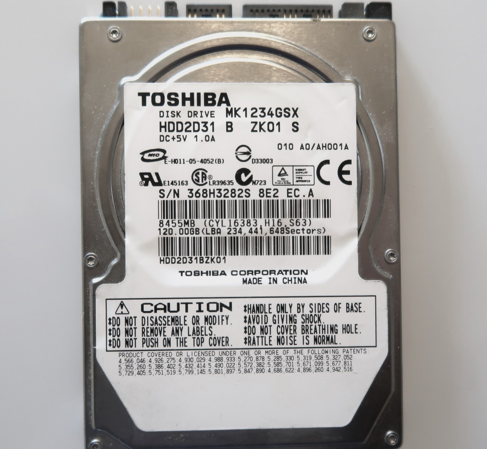 Toshiba MK1234GSX (HDD2D31 B ZK01 S) 010 A0/AH001A China 2.5" 120gb Sata HDD