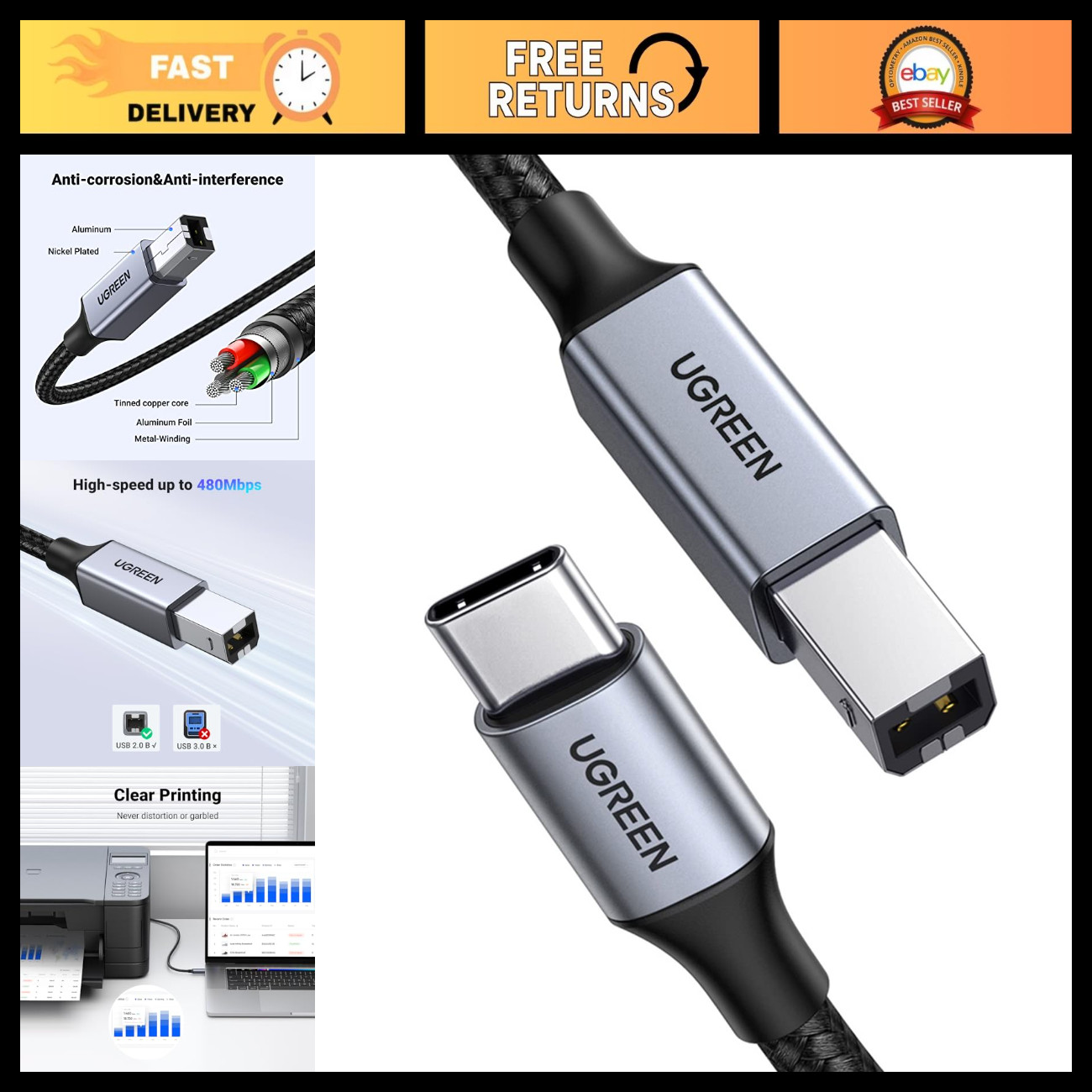 10FT Nylon Braided USB-B to USB-C Cable for Printers, MIDI Devices & More