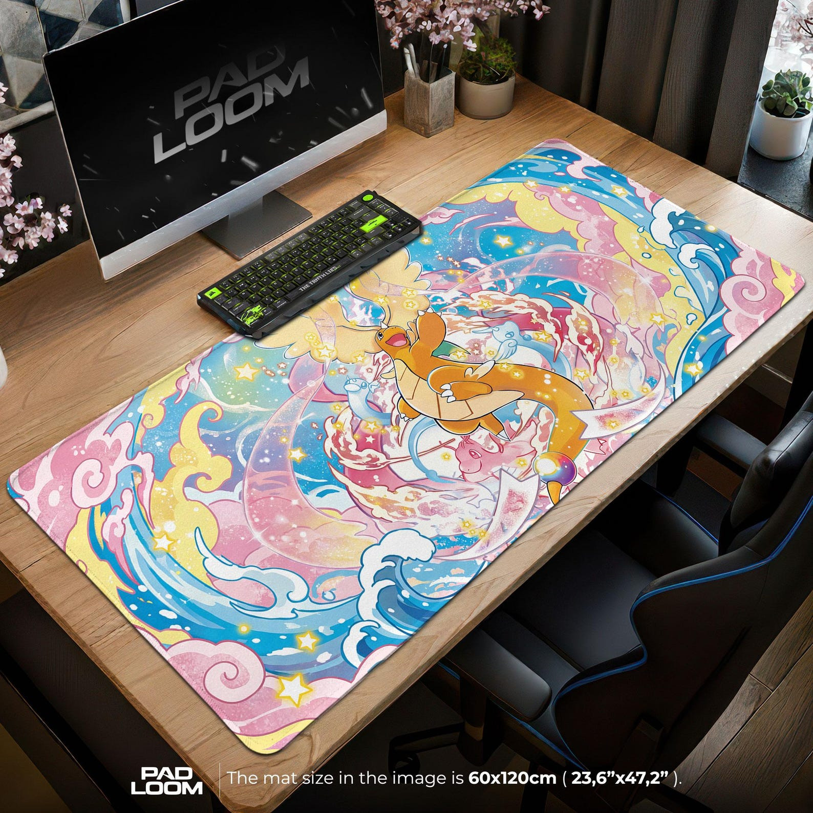 Dragonite Pastel Dream Mouse Pad, Cute Pokemon Gaming Desk Mat, Celestial Cloud