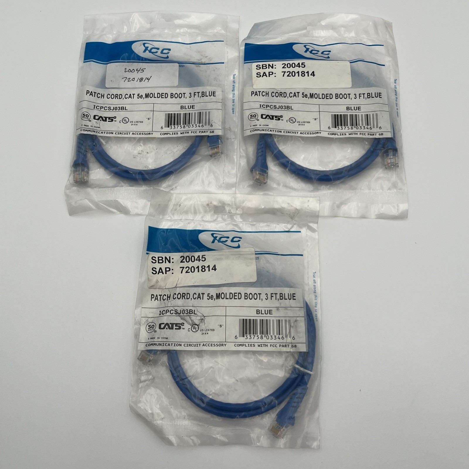 NEW 3-Pack ICC 3 Ft Molded Boot Blue Patch Cord Cat 5e - ICPCSJ03BL