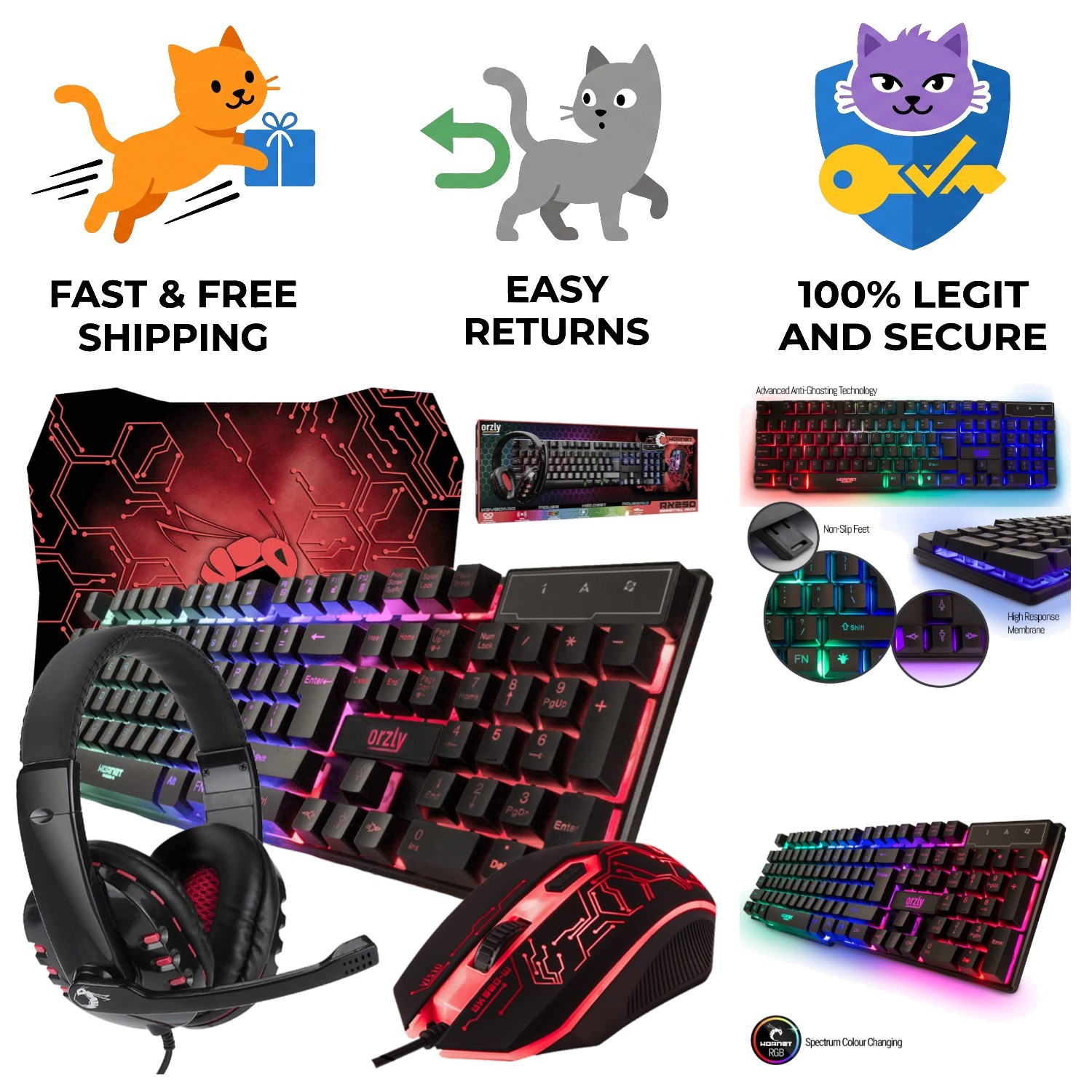 Hornet RX-250 Gaming Essentials: RGB Keyboard, Mouse, Headset & Pad Bundle