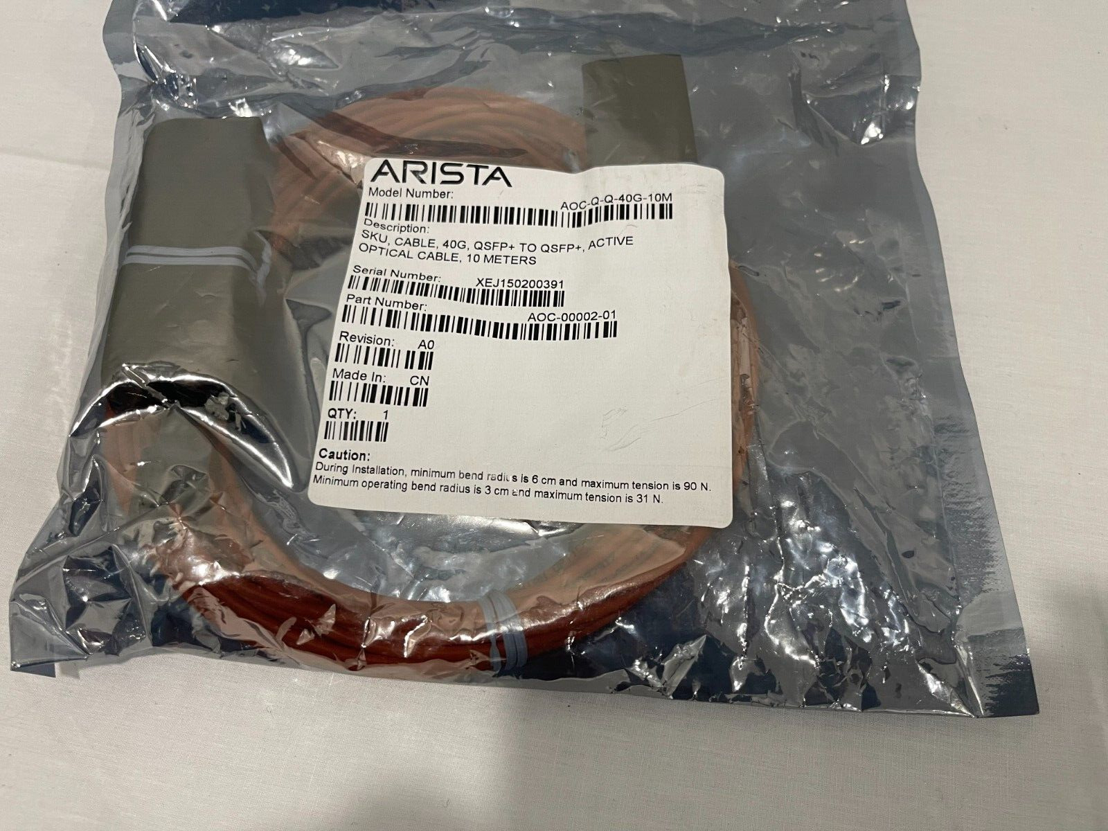 Arista AOC-Q-Q-40G-10M 40GbE Ethernet  QSFP+ Active Optical Cable  New Sealed