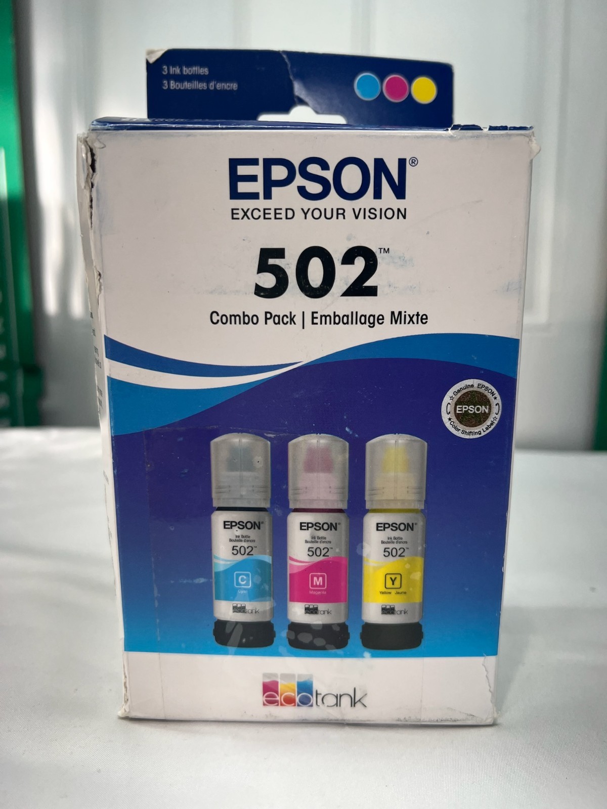 Epson 502  EcoTank Combo Pack Ink Bottles exp 11/28 Sealed Ink Open Damaged Box