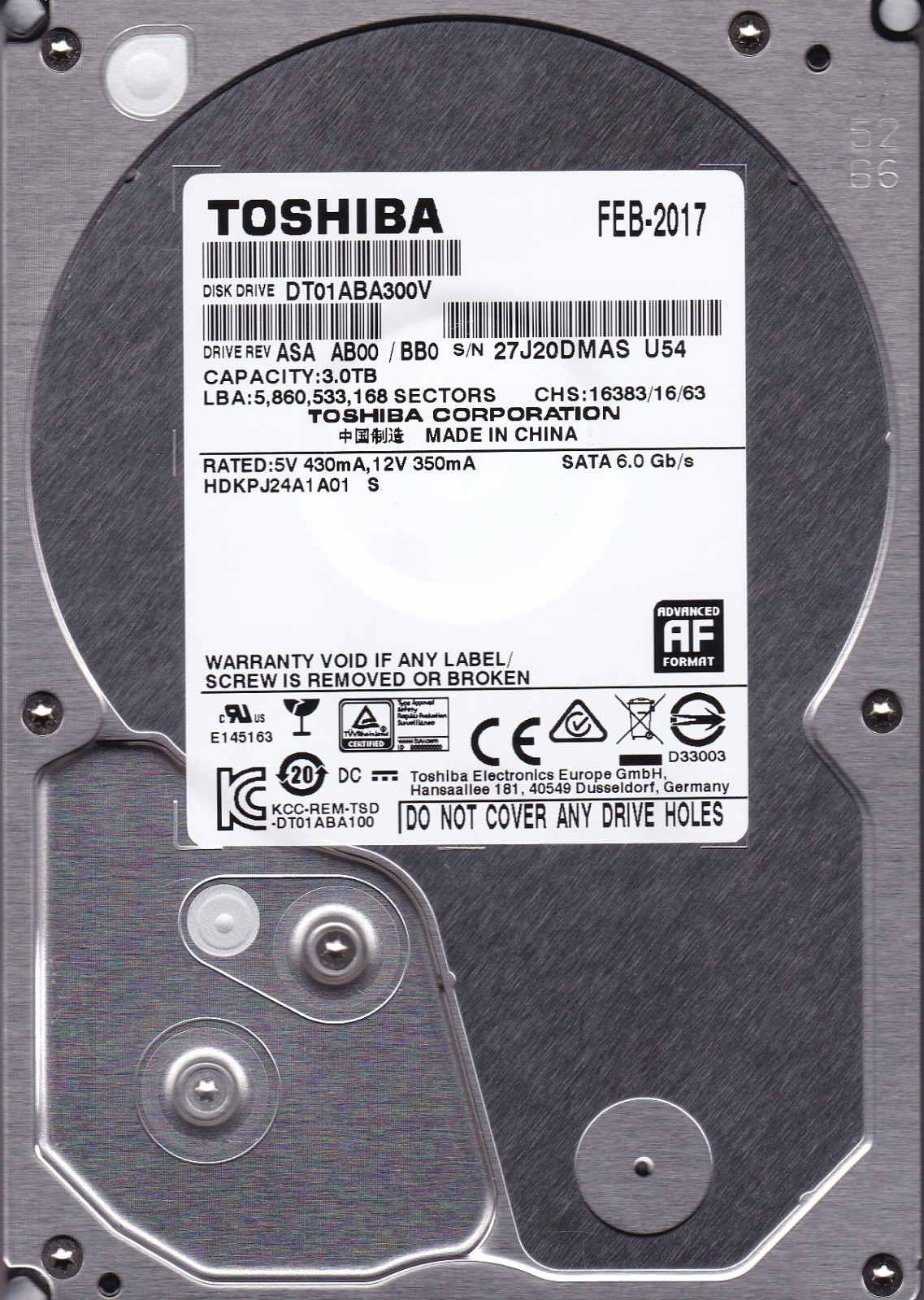 DT01ABA300V Rev. ASA AB00/BB0 HDKPJ24A1A01 S "MC4930" China FEB/2017 3TB TOSHIBA