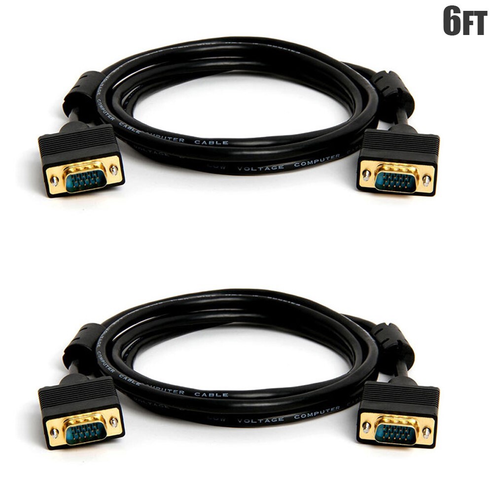 2 Pcs 6FT VGA SVGA HD15 Male to Male PC Monitor Video Cable Gold Plated Black