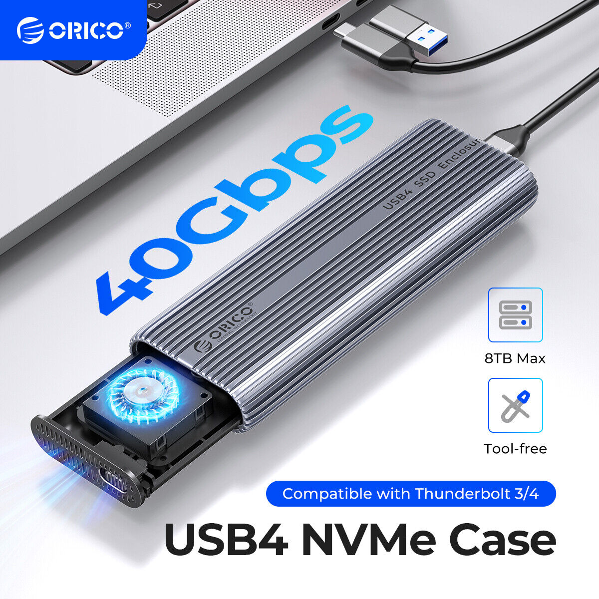 ORICO 40Gbps M.2 NVMe SSD Enclosure Cooling Fan M.2 Adapter with Thunderbolt 4/3