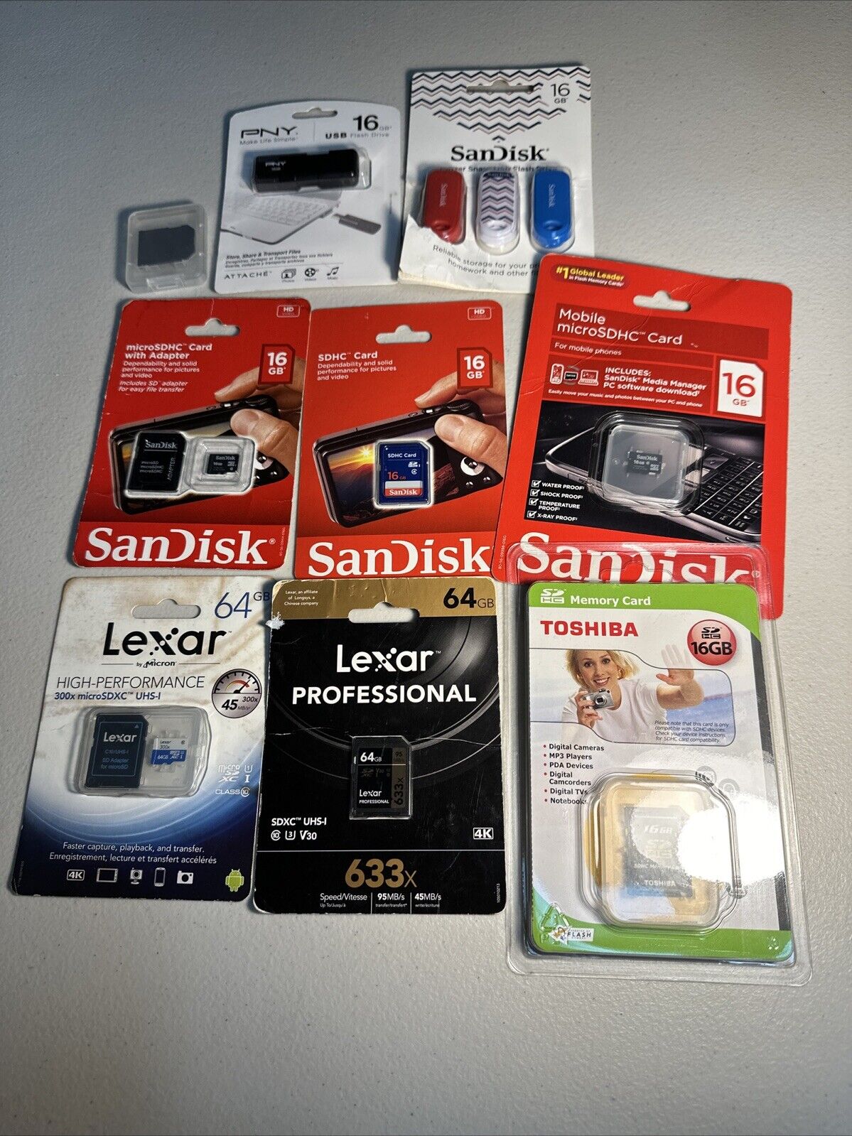 Sandisk Lexar Toshiba PNY Micro SDHC SD Card Flash Drive Lot 64 GB 16 GB