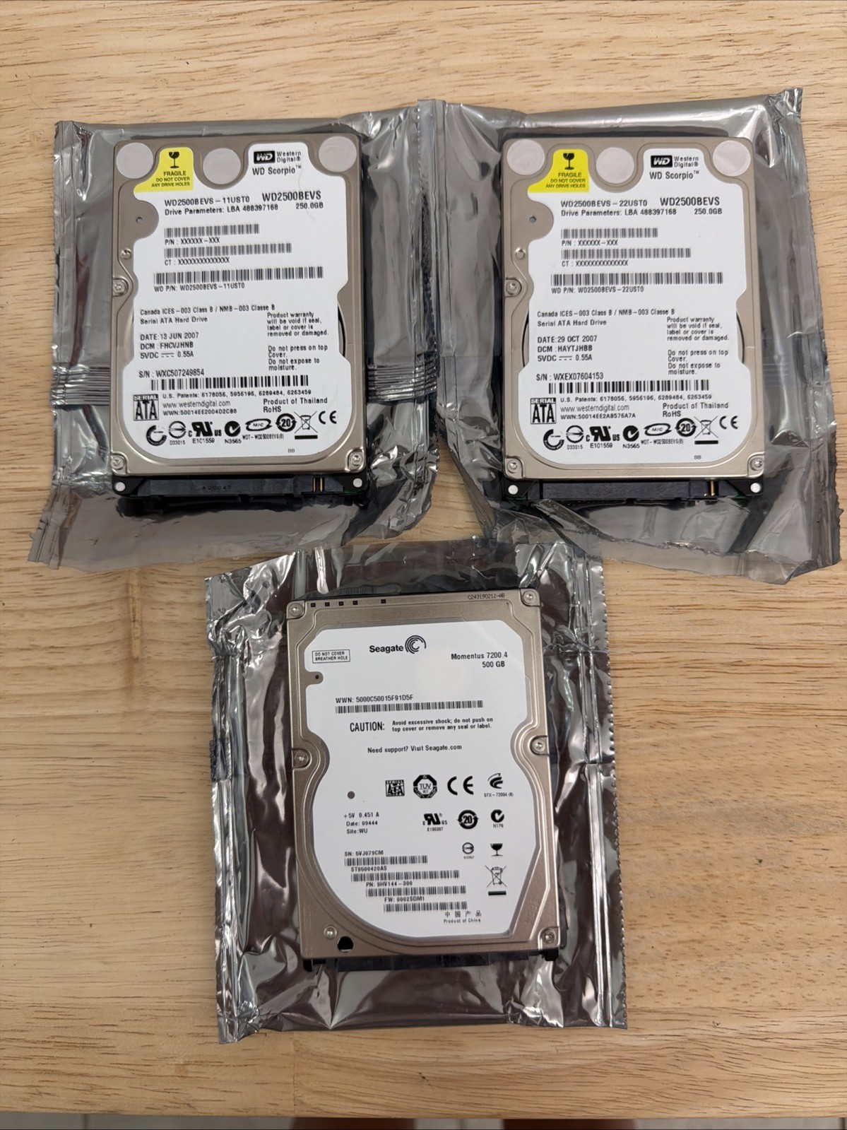Lot of 3 Laptop SATA Hard Drives – WD Scorpio & Seagate 250GB / 500GB – Untested