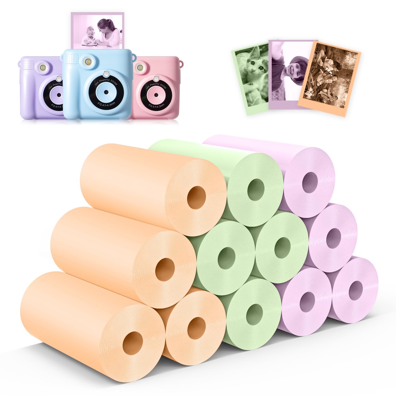 12 Rolls Kids Instant Camera Thermal Print Paper Refill - 3 Colors (Purple, O...