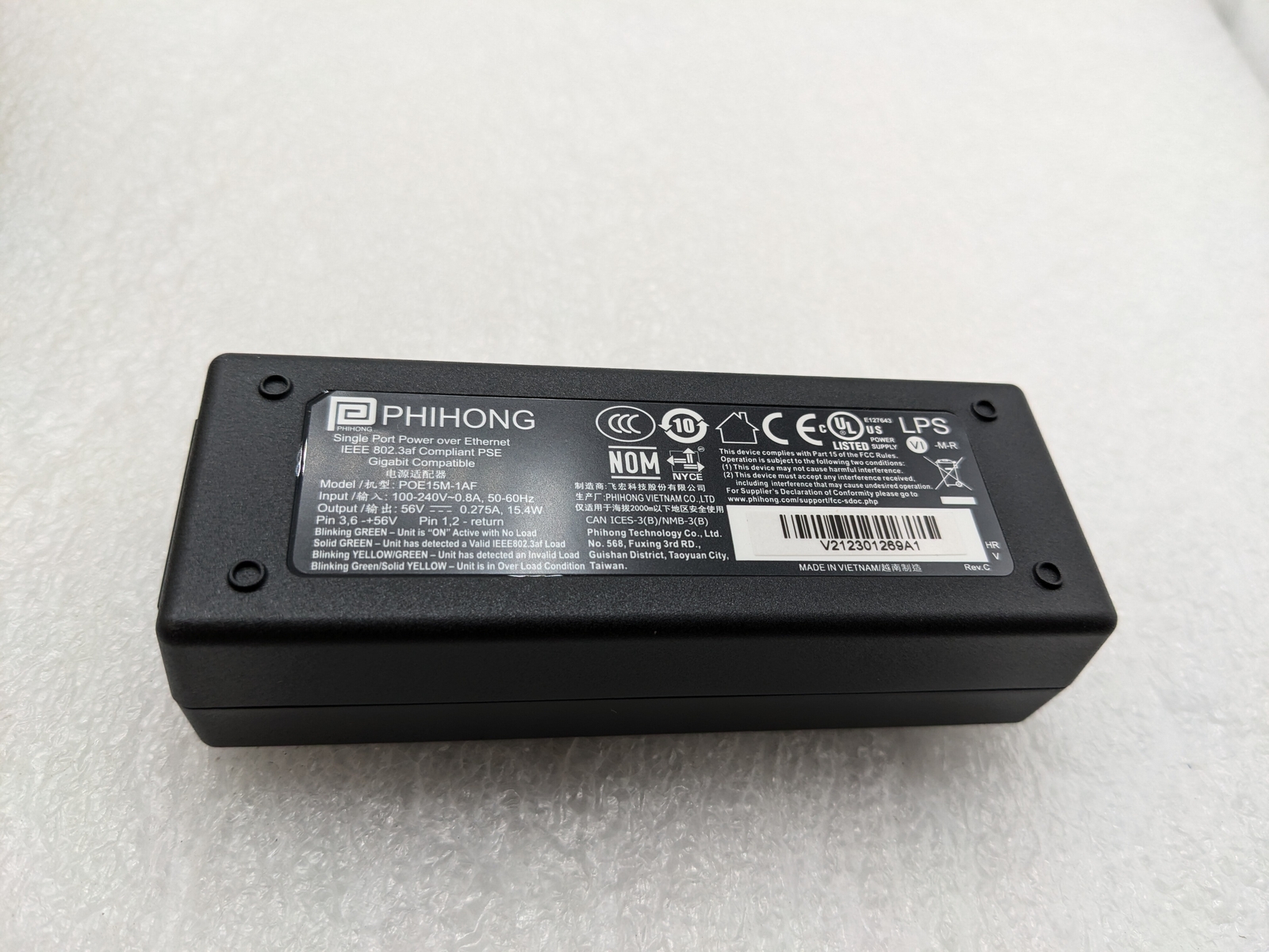 NEW Phihong POE15M-1AF Gigabit POE Power Over Ethernet Injector 56V 15.4W