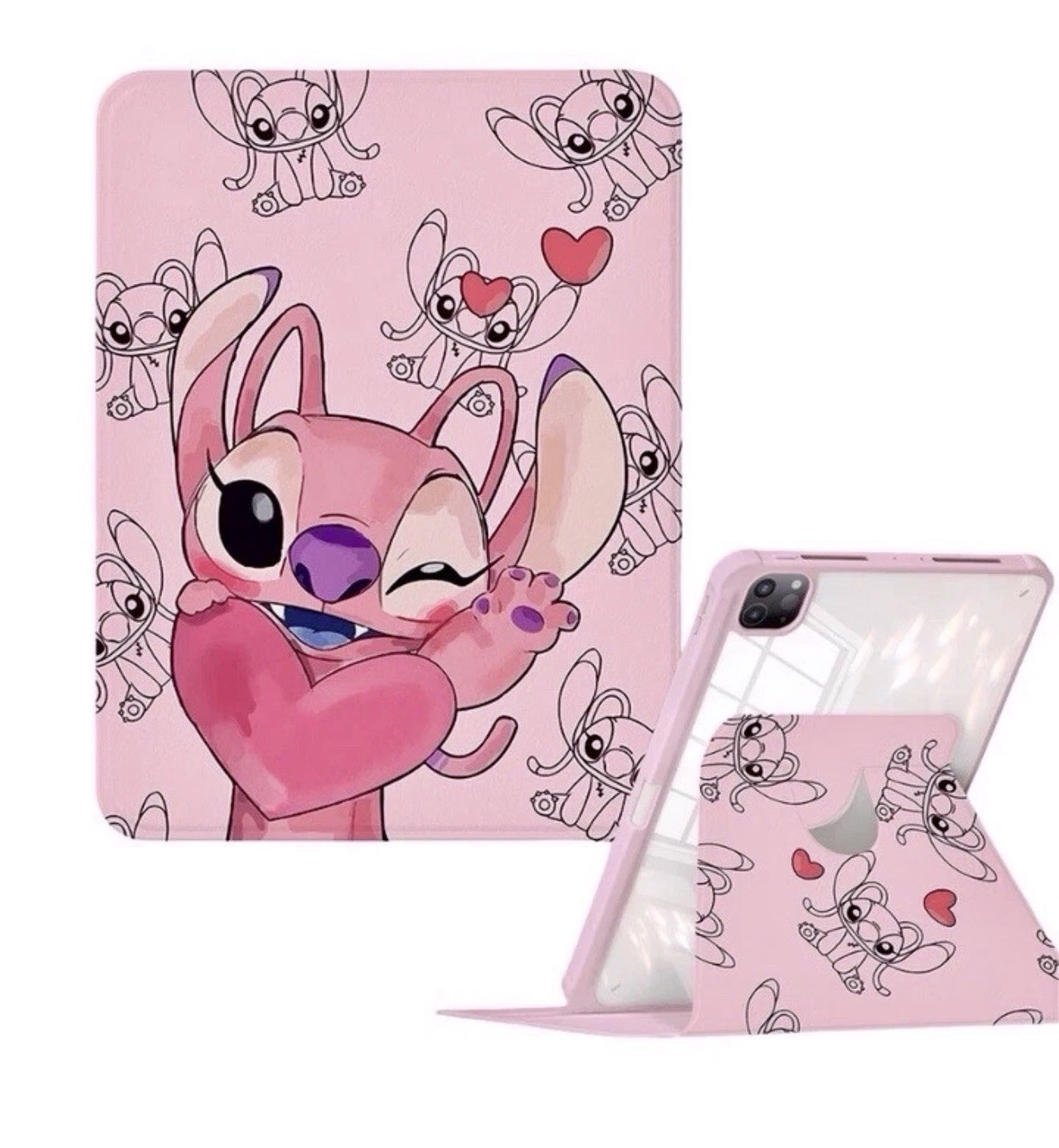 Disney Stitch Angel 12.9inch iPad Pro Case Pink 360° Rotating Stand Smart Cover