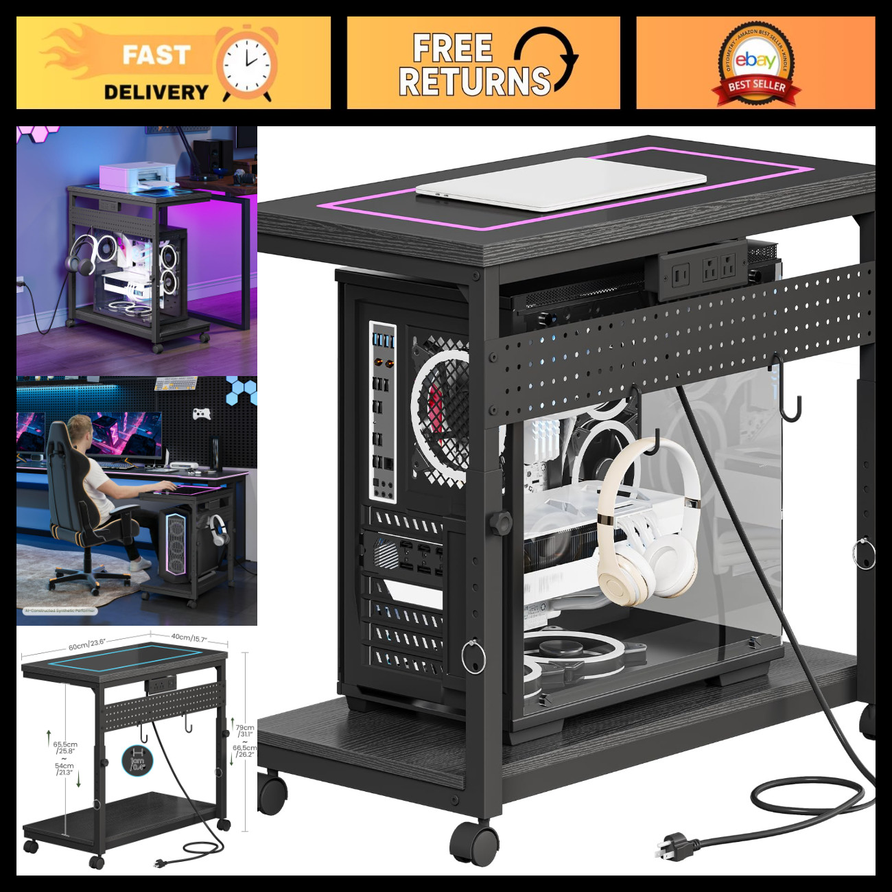 Large Computer Tower Stand with Power Outlet - 31.5" Adjustable Storage Rack