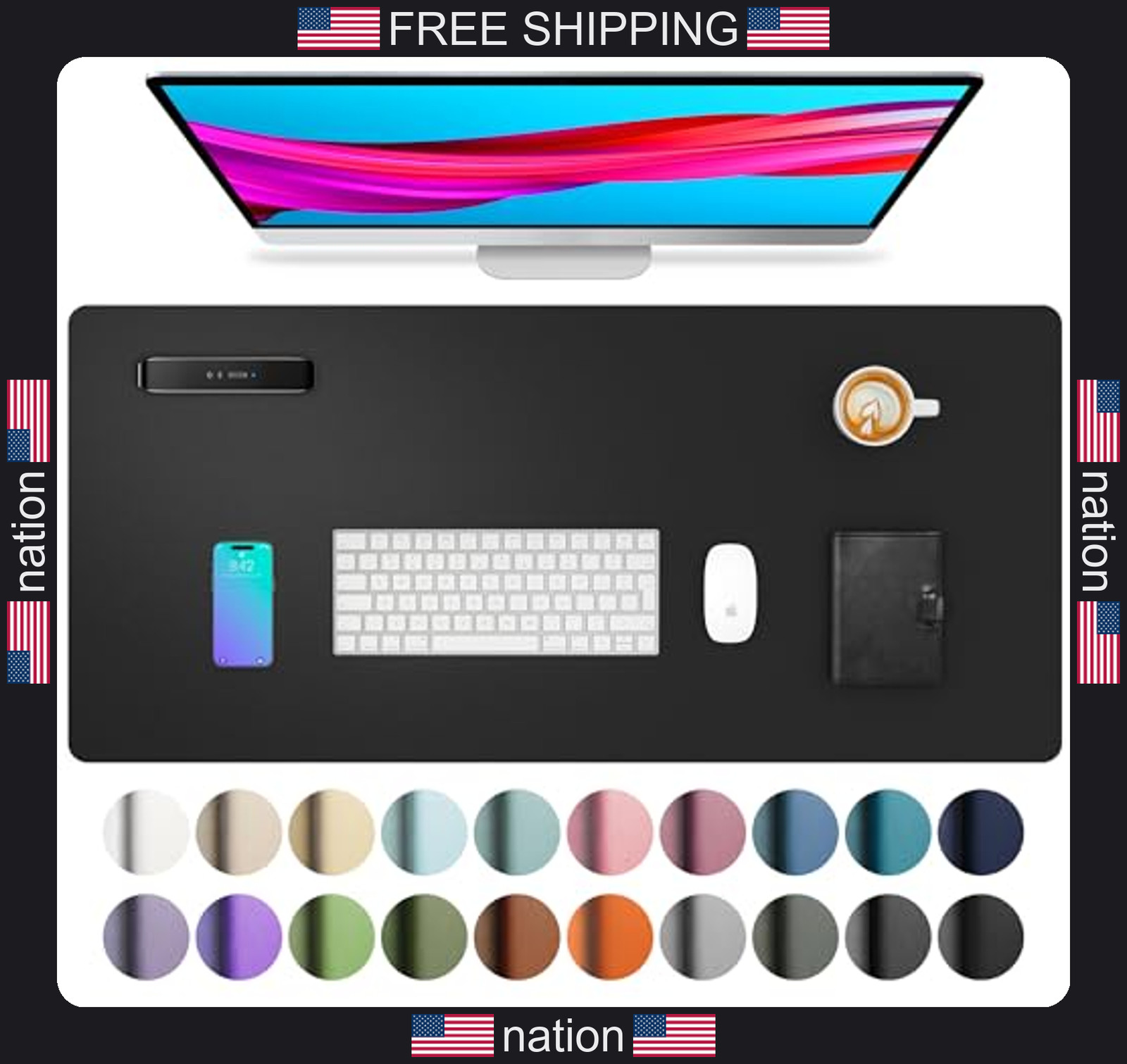 Aothia non-slip waterproof PU leather desk pad 23.6 x 13.7 inches black