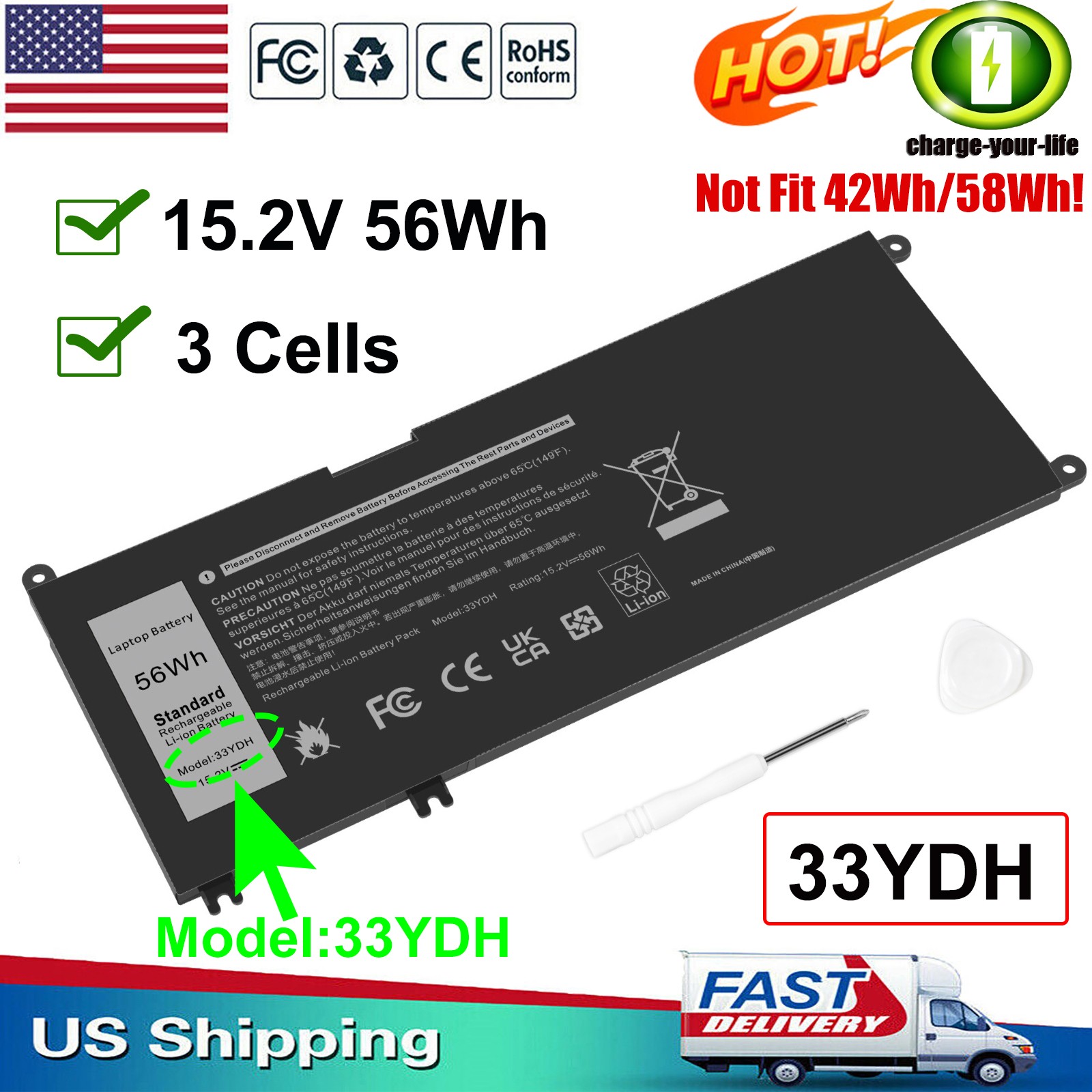 ✅33YDH Battery For Dell Latitude 3380 3480 3490 3590 3580 Inspiron 7586 2-in-1