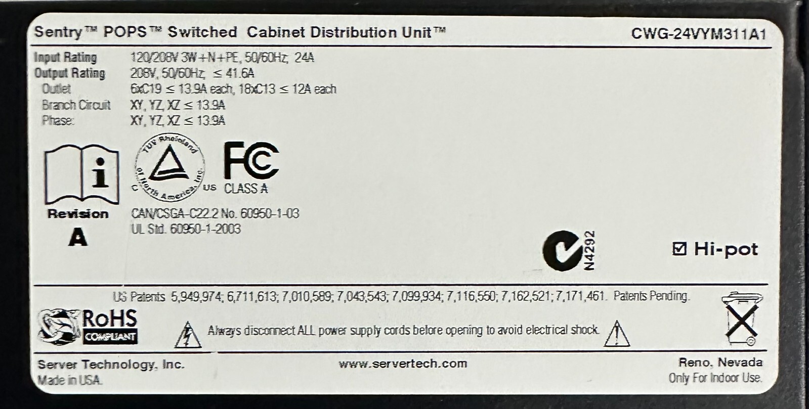 SERVER TECHNOLOGY SENTRY POPS SWITCHED CDU CWG-24VYM311A1 208V LOT OF 20