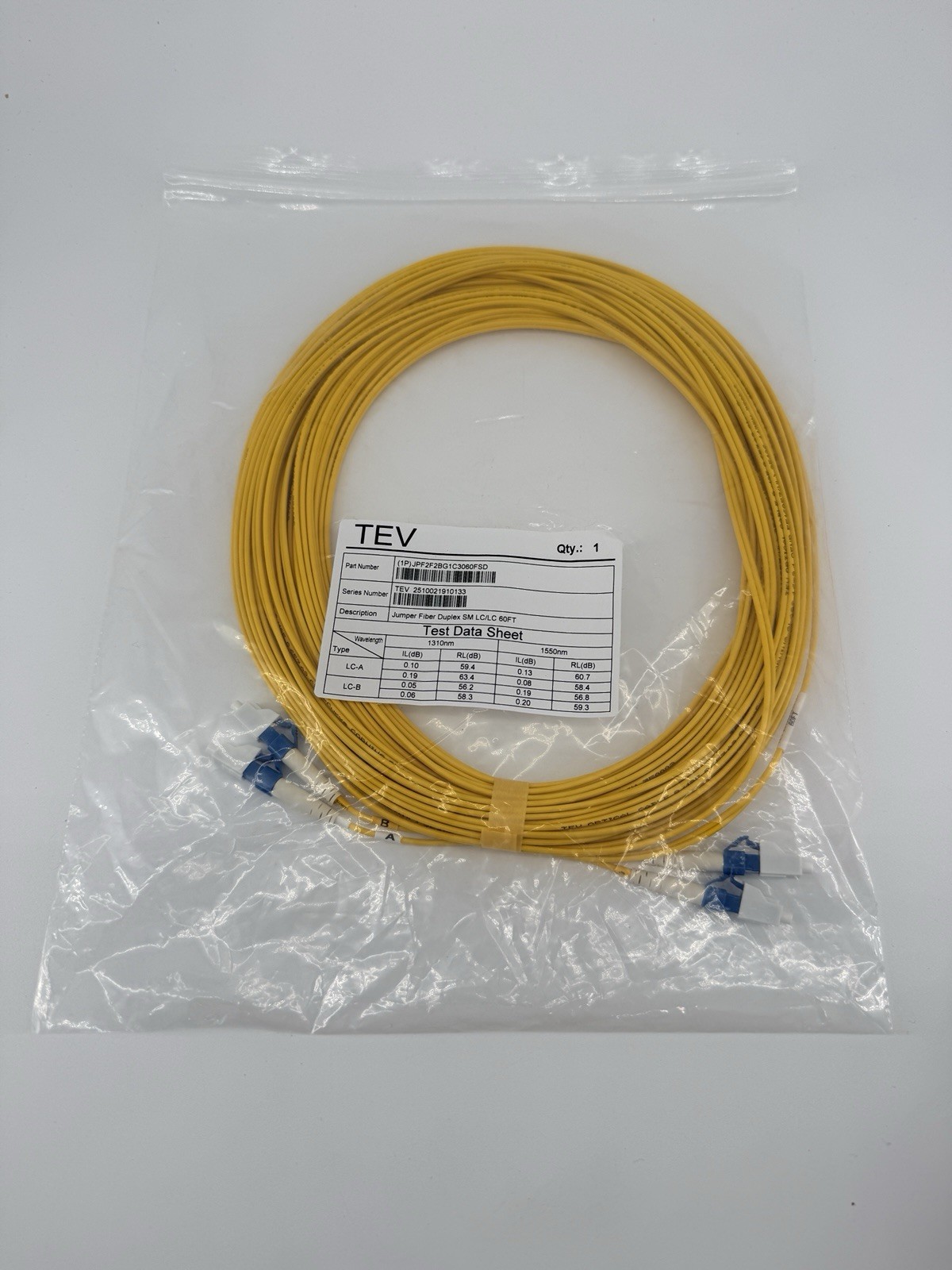 1 Pack  TEV Jumper Fiber Duplex SM LC/LC 60ft 1PJPF2F2BG1C3060FSD