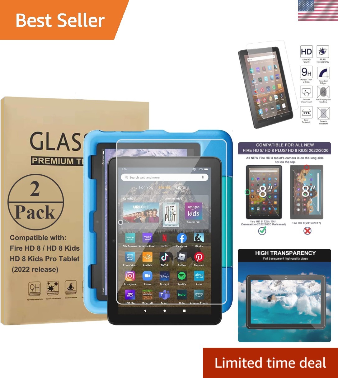 Bubble-Free Installation 2 Pack Tempered Glass Screen Protectors for 8” Tablets