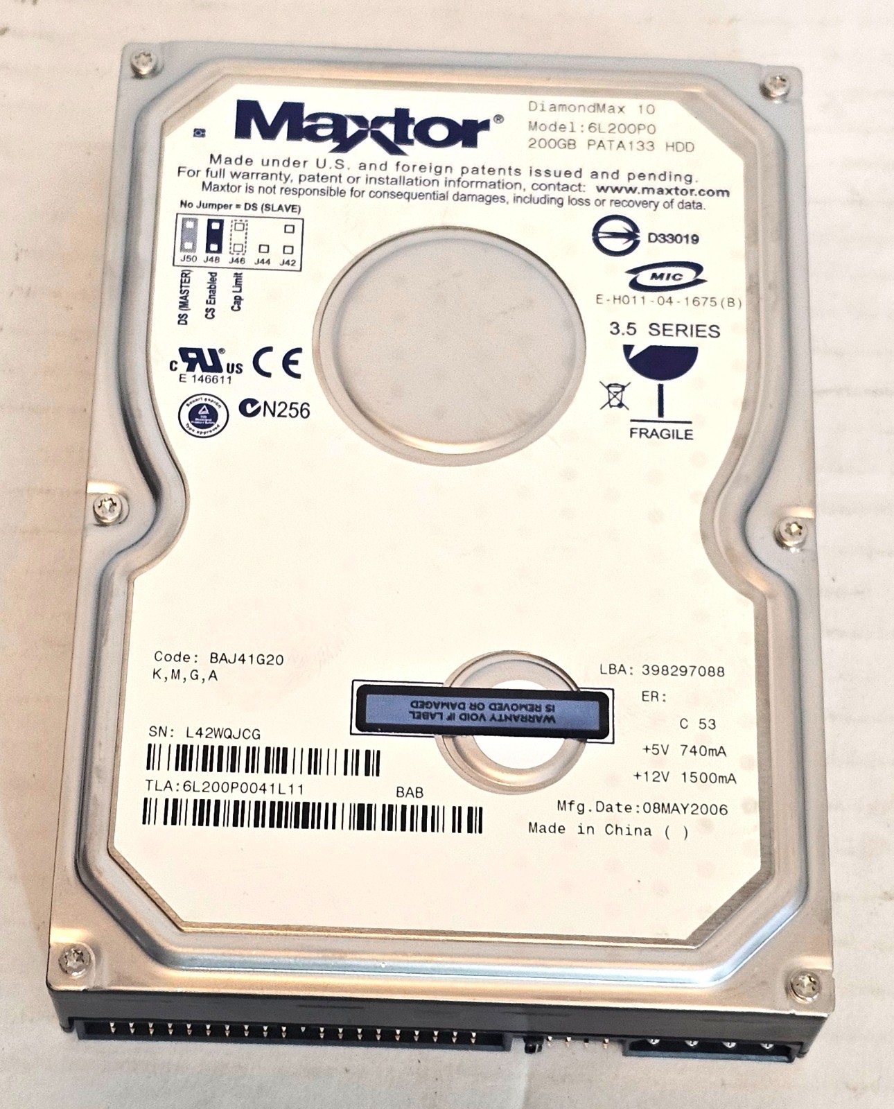 Maxtor DiamondMax 10 6L200P0 200GB IDE Hard Drive Code: BAJ41G20 K,M,G,A