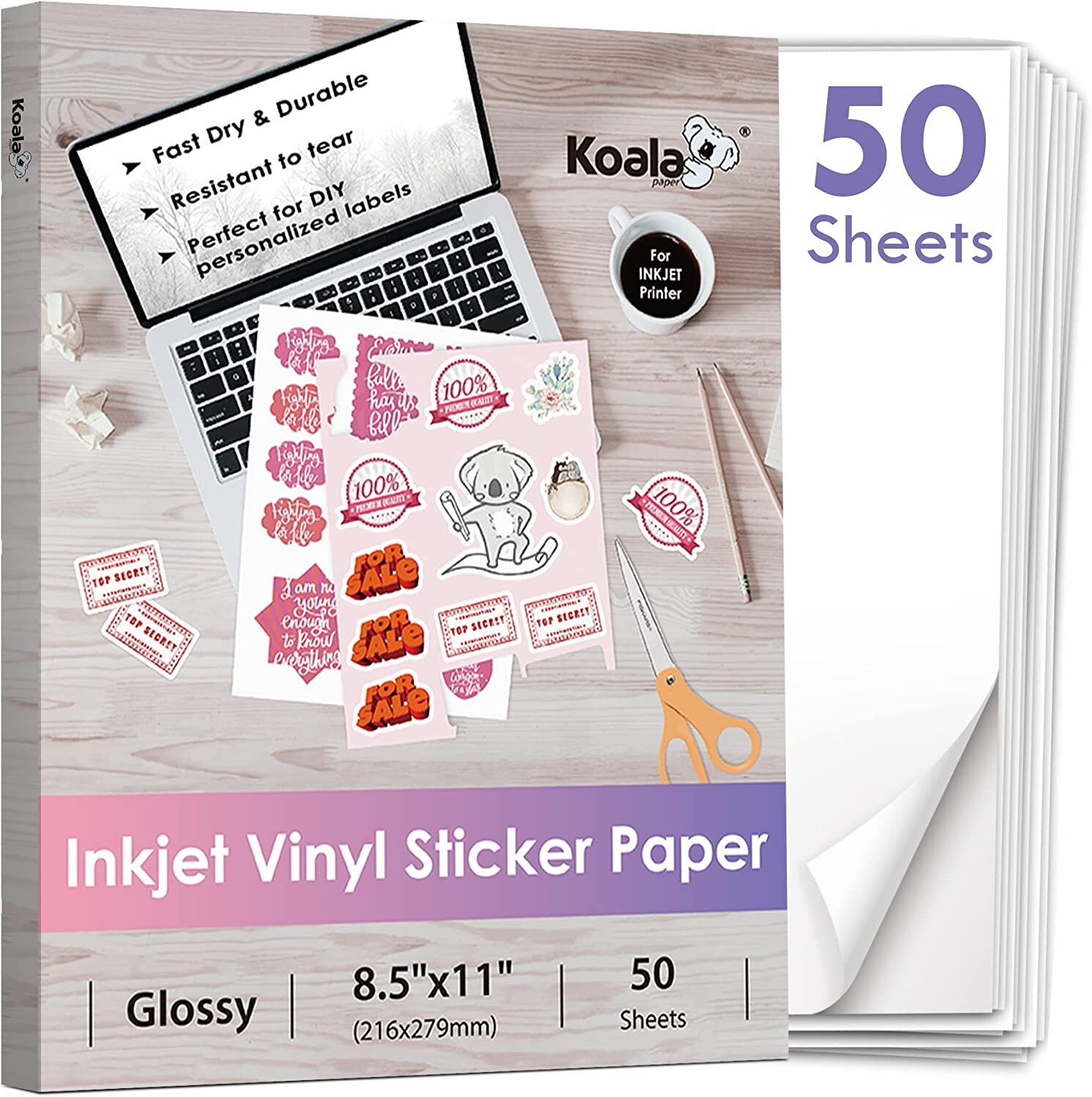 Koala Printable Vinyl Sticker Paper for Inkjet Printer - 50 Sheets White Glossy
