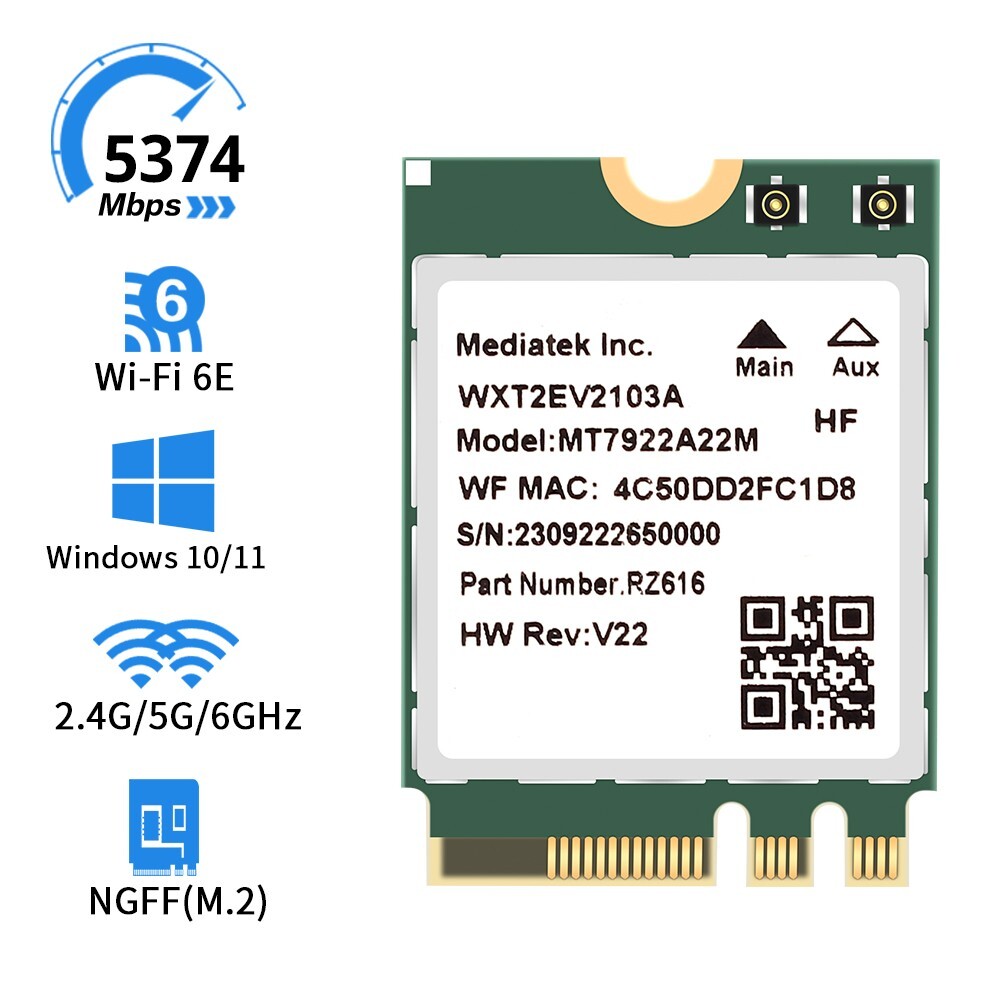 AMD Mediatek RZ616 NGFF M.2 WIFI 6E 802.11AX Bluetooth 5.2 MT7922 AX2400-