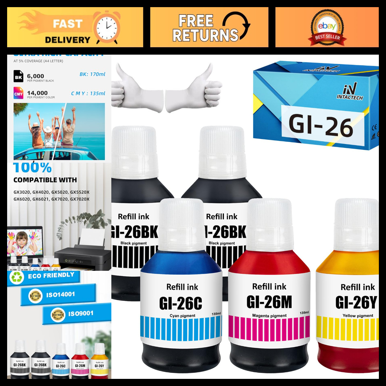 Ink Refill Bottles for Canon GX7020, 5-Pack, BK/C/M/Y - High-Quality Ink Supply