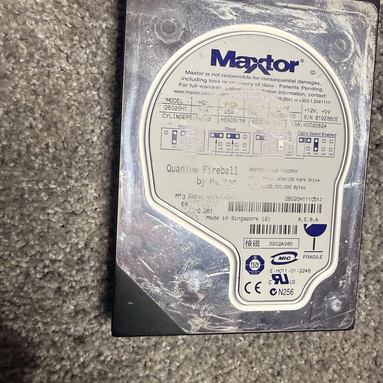 Maxtor 541DX 20GB Ultra ATA/100 5400RPM 3.5 Internal Hard Drive 2B020H1