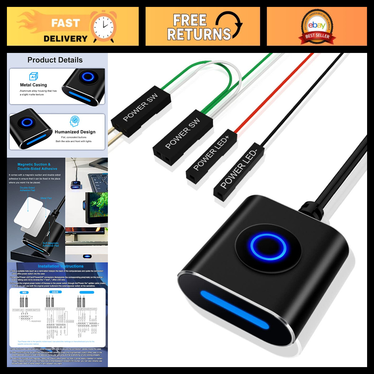 External PC Power Button Switch for Desktop Computer - Easy Install, Quick Acces
